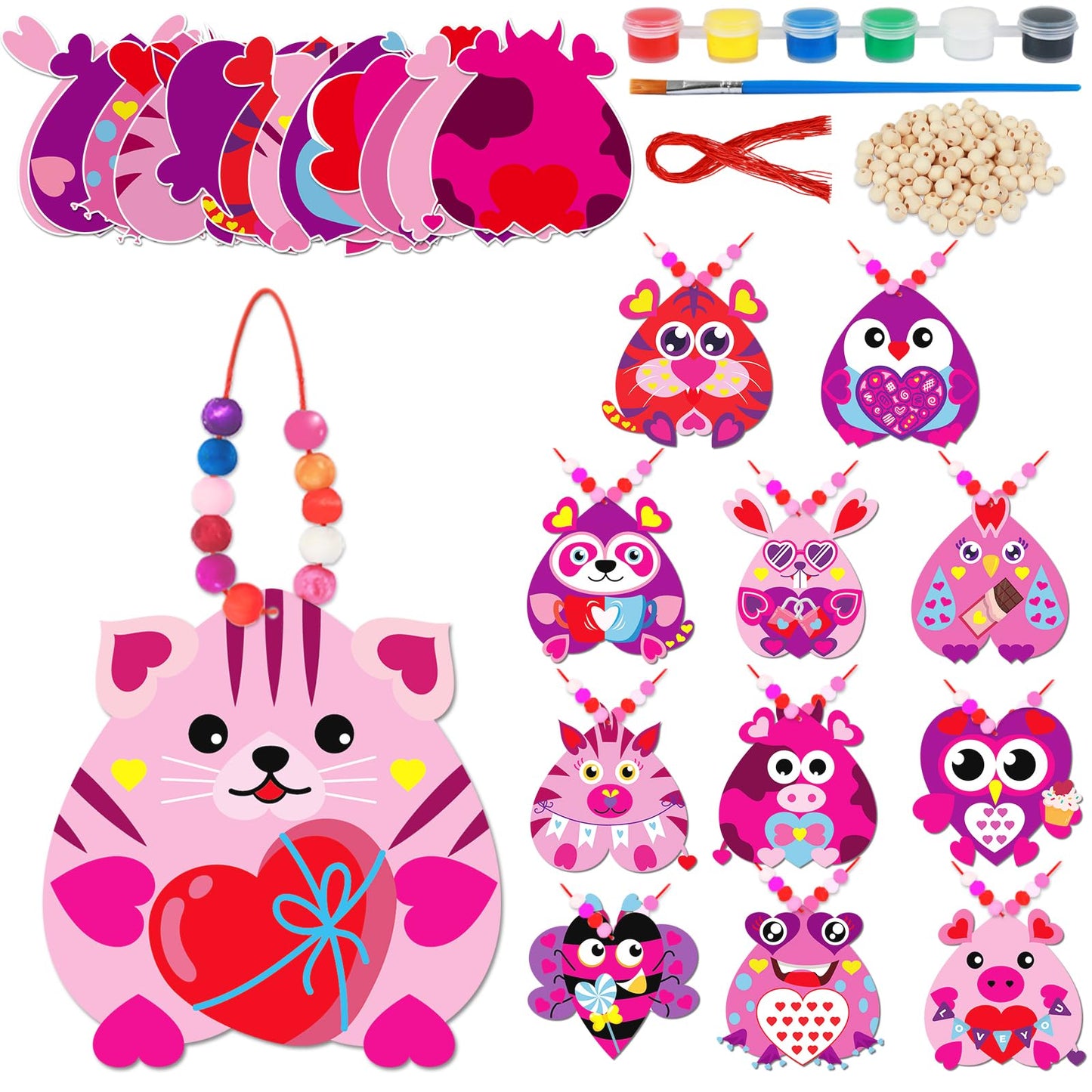 Qyeahkj 36 Sets Valentines Heart Crafts Kit for Kids — DIY Necklaces, Ornaments & Classroom Activities
