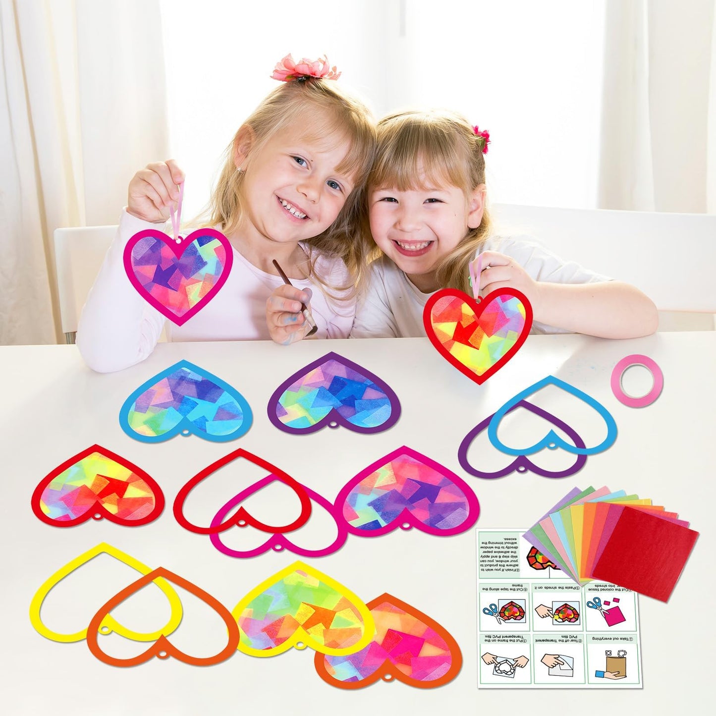 Qyeahkj 36-Set Valentines Suncatchers Craft Kit - DIY Heart Window Decor & Kids Gift