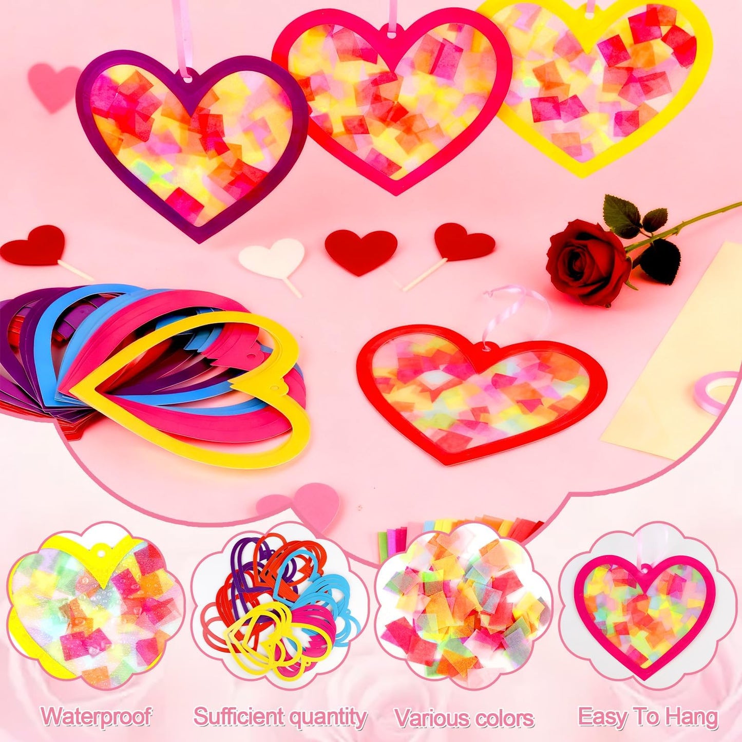 Qyeahkj 36-Set Valentines Suncatchers Craft Kit - DIY Heart Window Decor & Kids Gift
