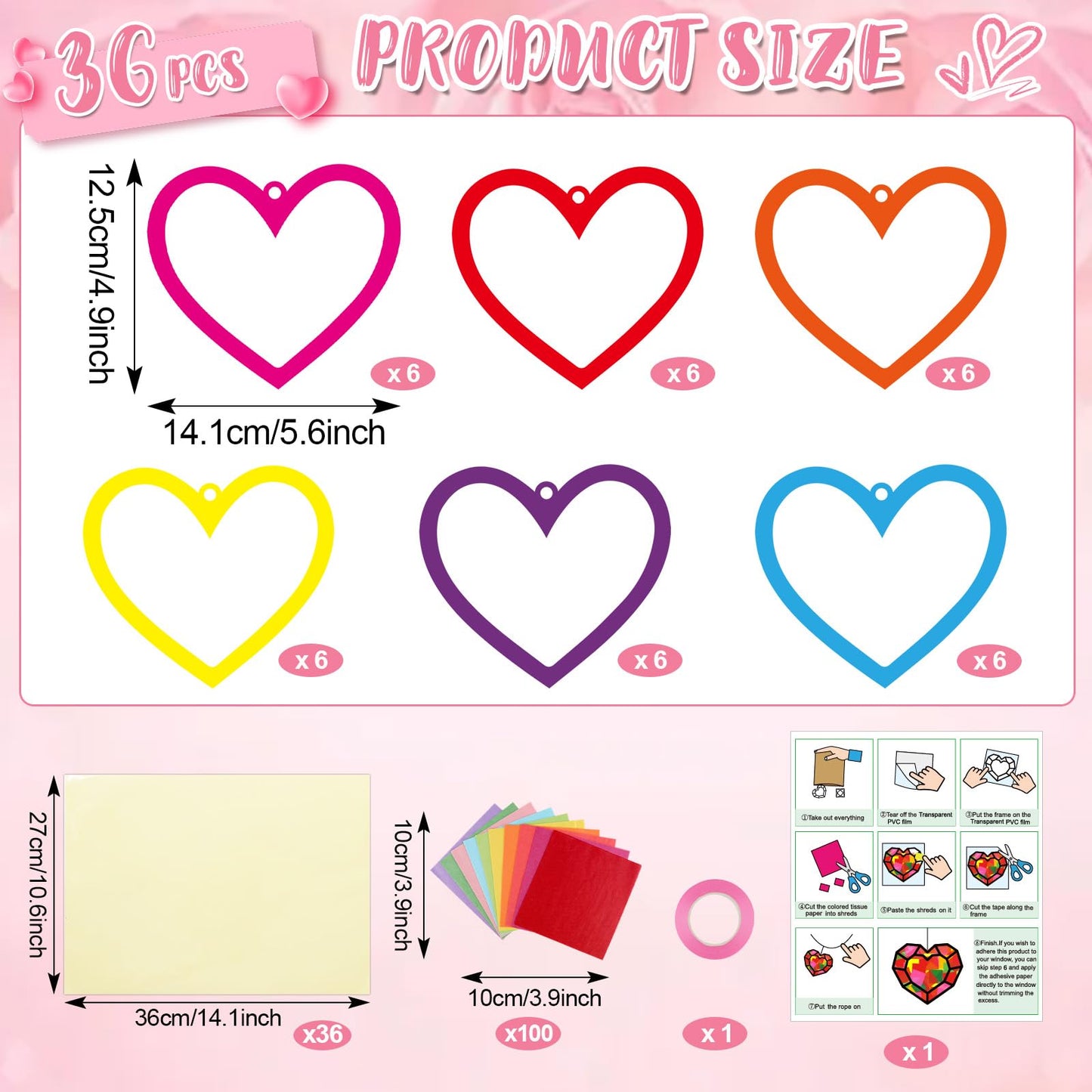 Qyeahkj 36-Set Valentines Suncatchers Craft Kit - DIY Heart Window Decor & Kids Gift