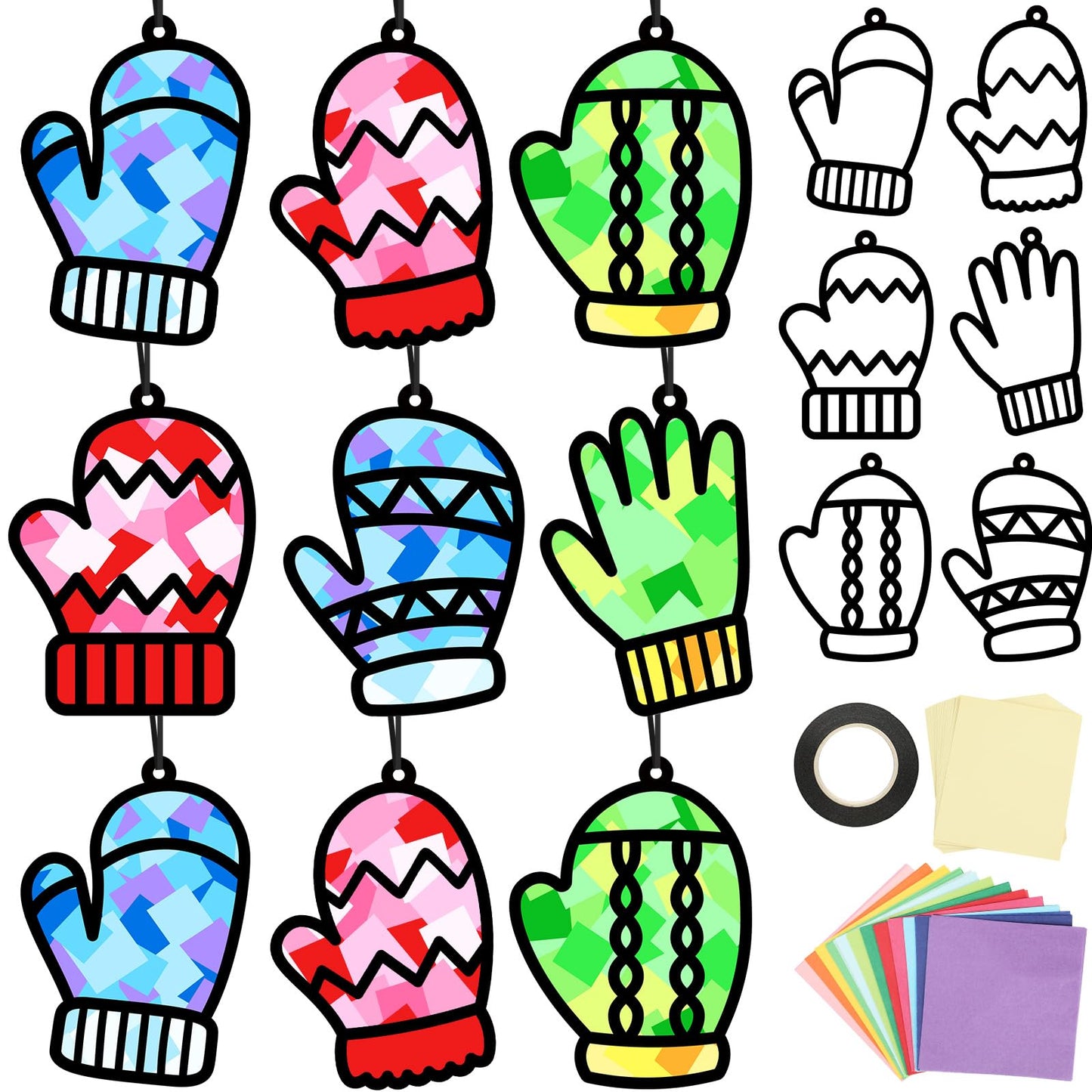 Qyeahkj 36-set Winter Glove Suncatchers Crafts Kit | DIY Window Tissue Paper Ornaments for Kids