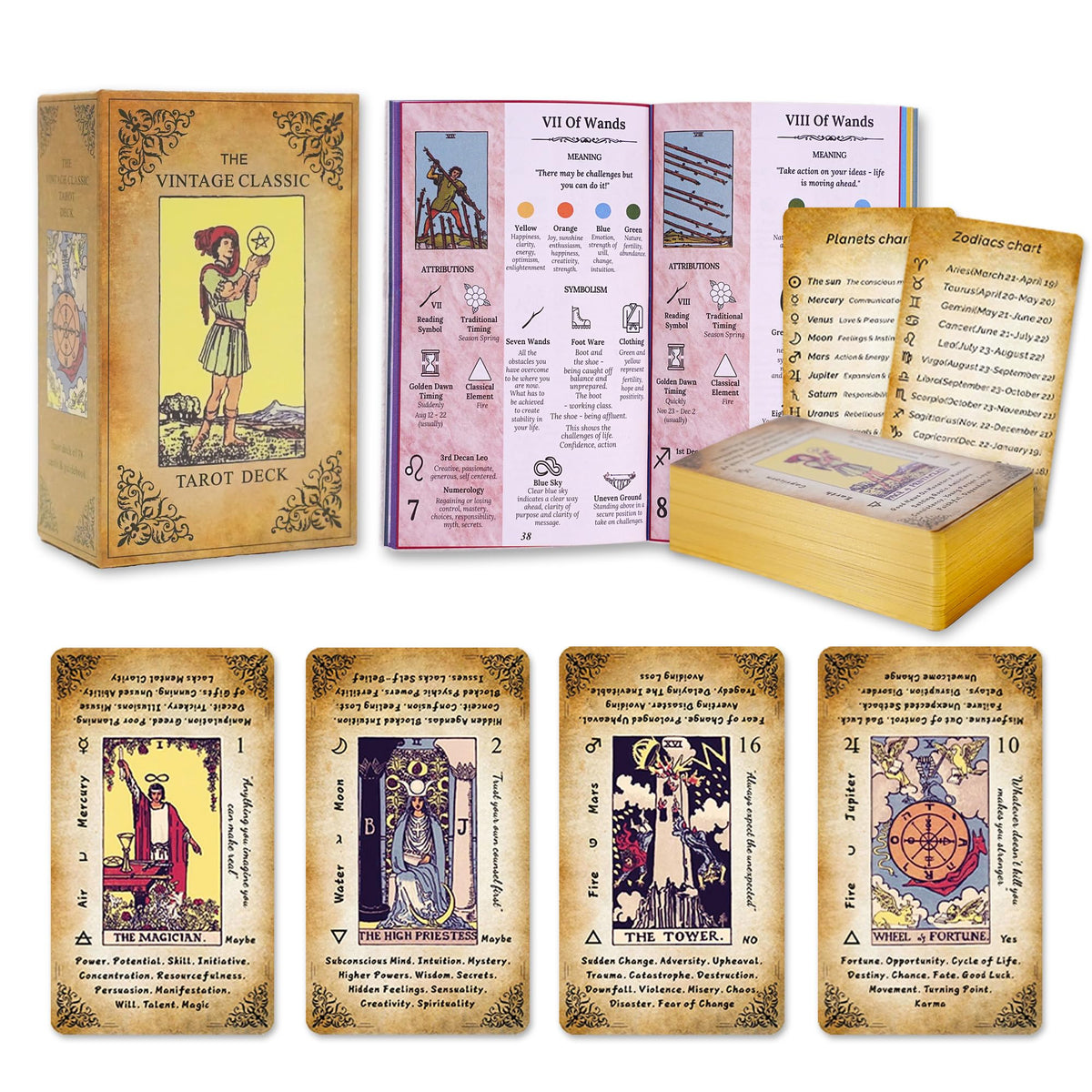 Qymagicz Tarot Cards for Beginners — Vintage Classic Deck with Guide Book, Gold Gilded Edges