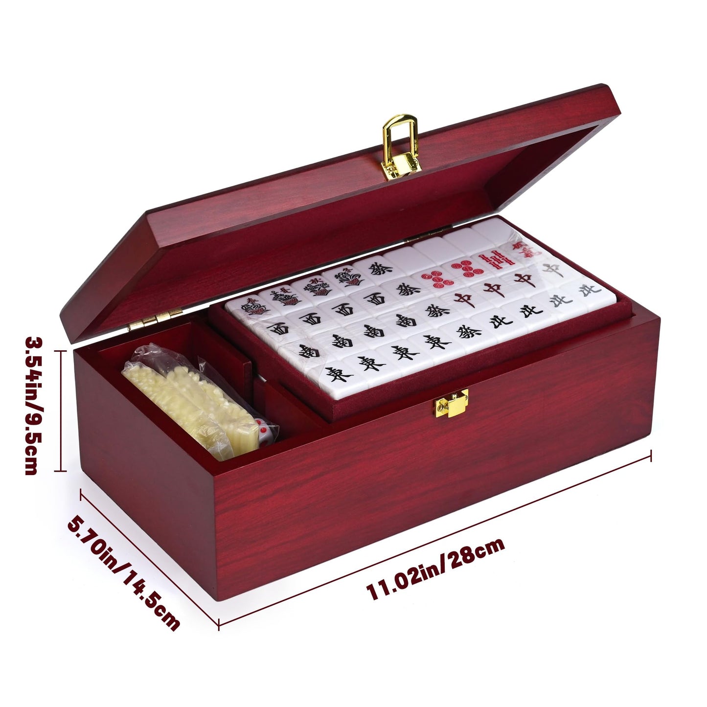 QYMZKA Riichi Mahjong Set with Wooden Case – 27mm Acrylic Tiles, Dice, Scoring Sticks & Mat