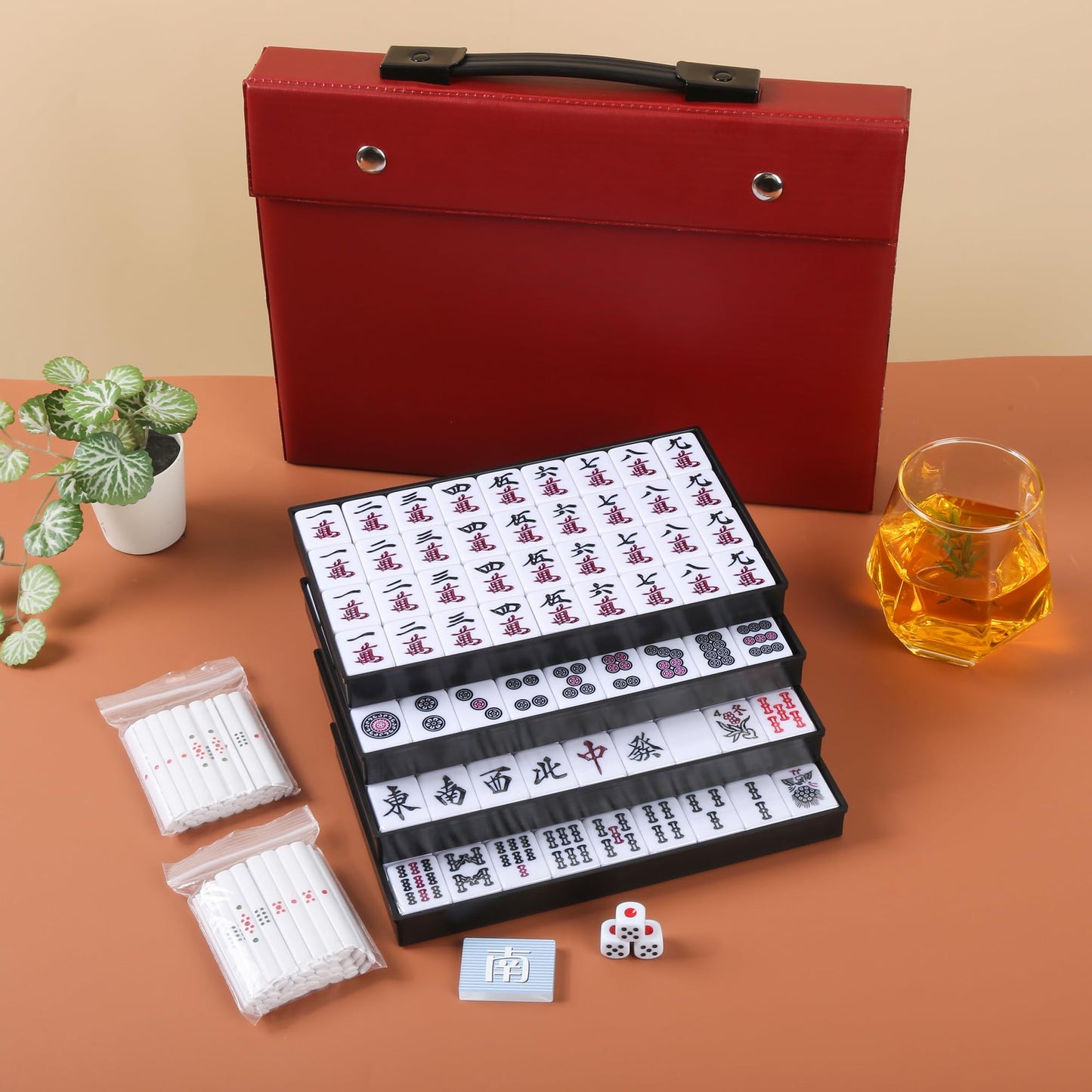 QYMZKA Riichi Mahjong Set – White & Yellow Tiles with Red Case, Dice, Tenbou & Mahjong Mat