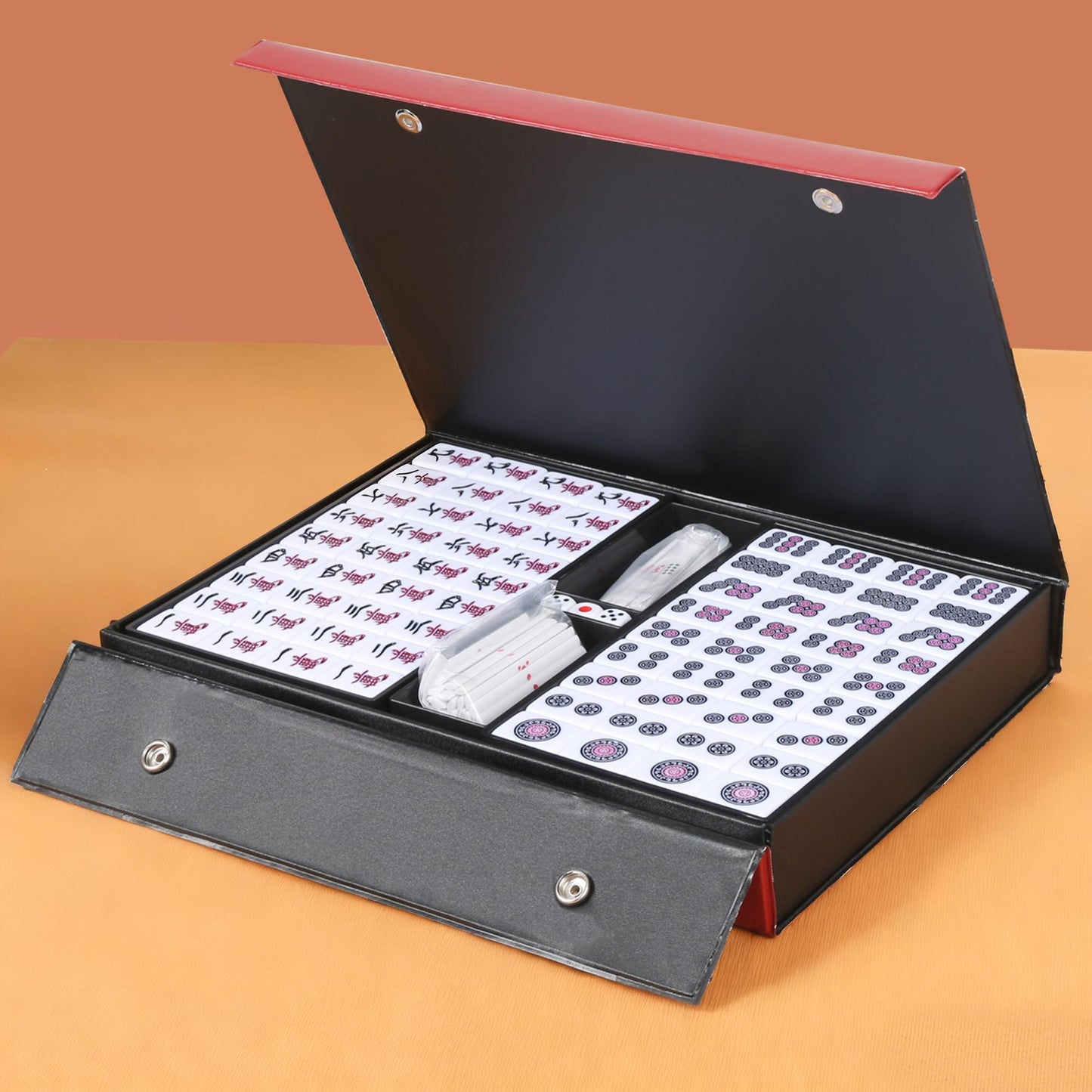 QYMZKA Riichi Mahjong Set – White & Yellow Tiles with Red Case, Dice, Tenbou & Mahjong Mat
