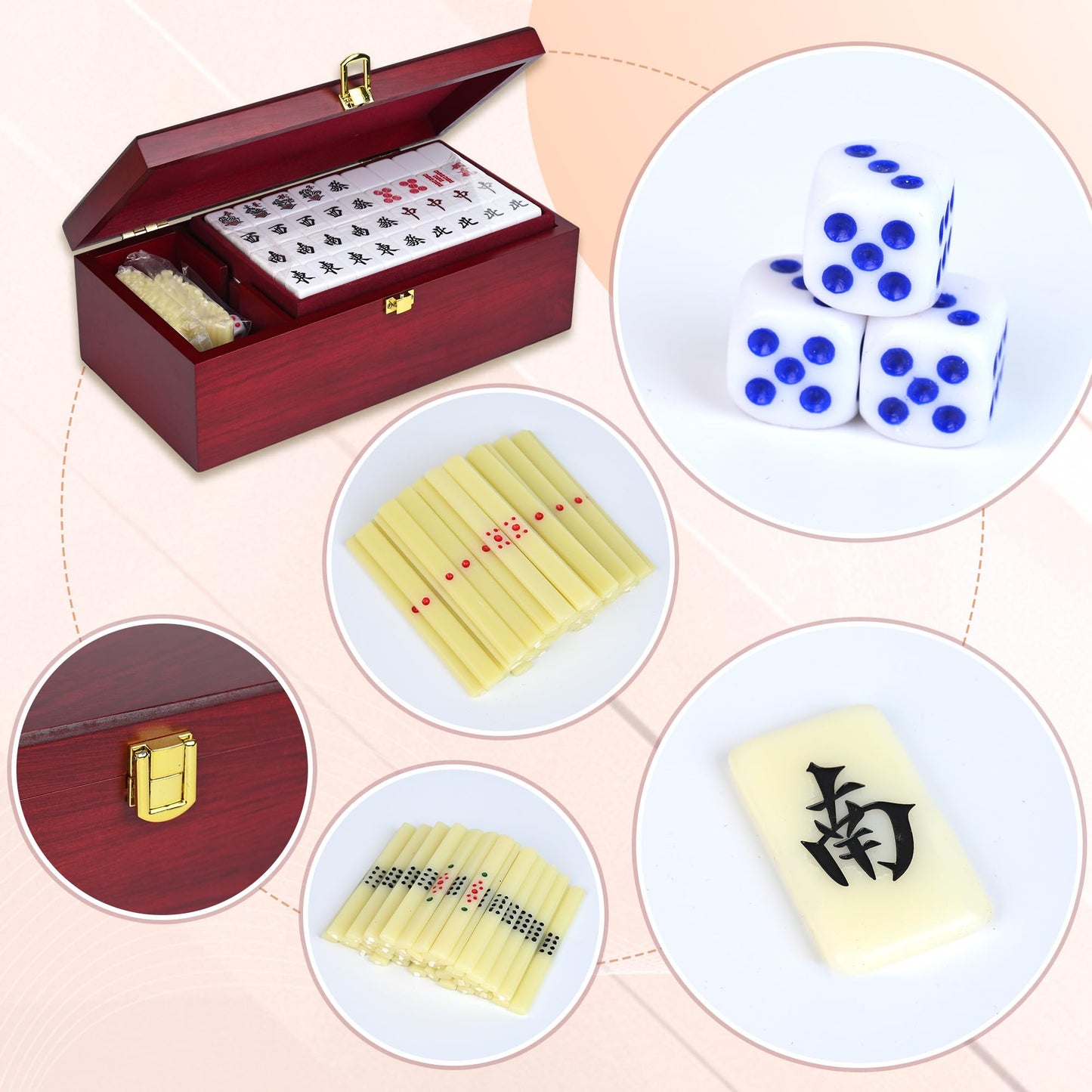 QYMZKA Riichi Mahjong Set with Wooden Case – 27mm Acrylic Tiles, Dice, Scoring Sticks & Mat