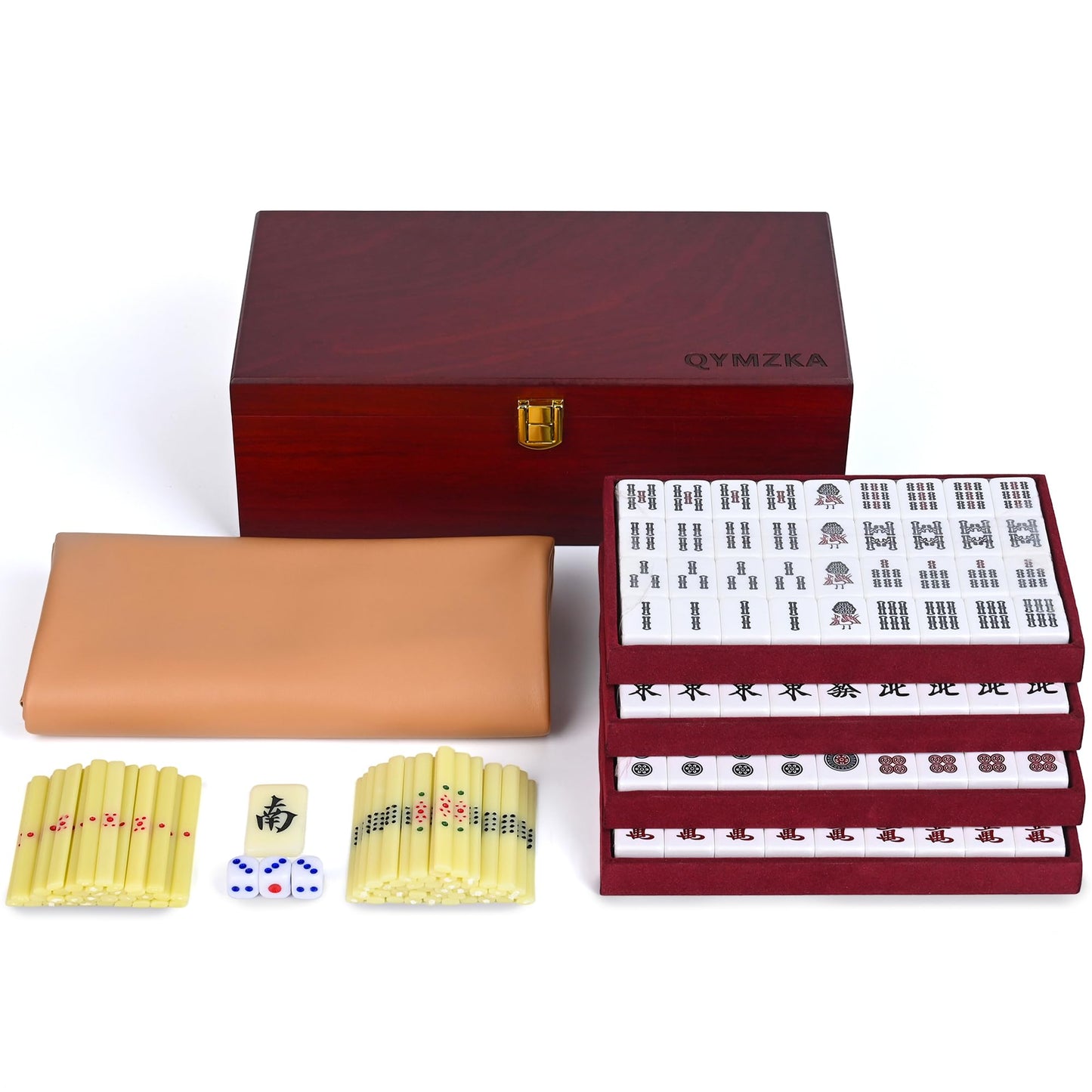 QYMZKA Riichi Mahjong Set with Wooden Case – 27mm Acrylic Tiles, Dice, Scoring Sticks & Mat