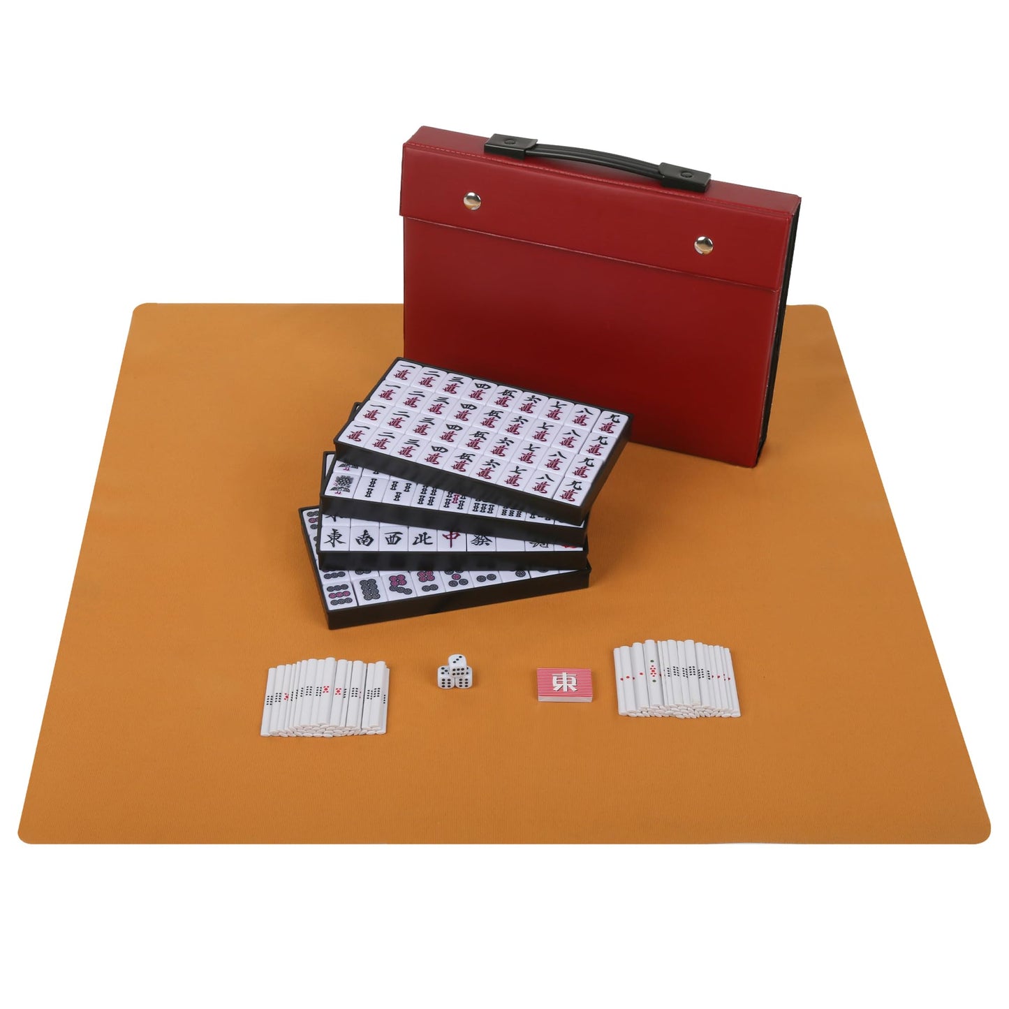 QYMZKA Riichi Mahjong Set – White & Yellow Tiles with Red Case, Dice, Tenbou & Mahjong Mat
