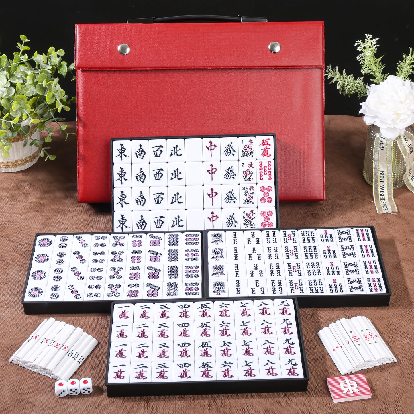 QYMZKA Riichi Mahjong Set – White & Yellow Tiles with Red Case, Dice, Tenbou & Mahjong Mat