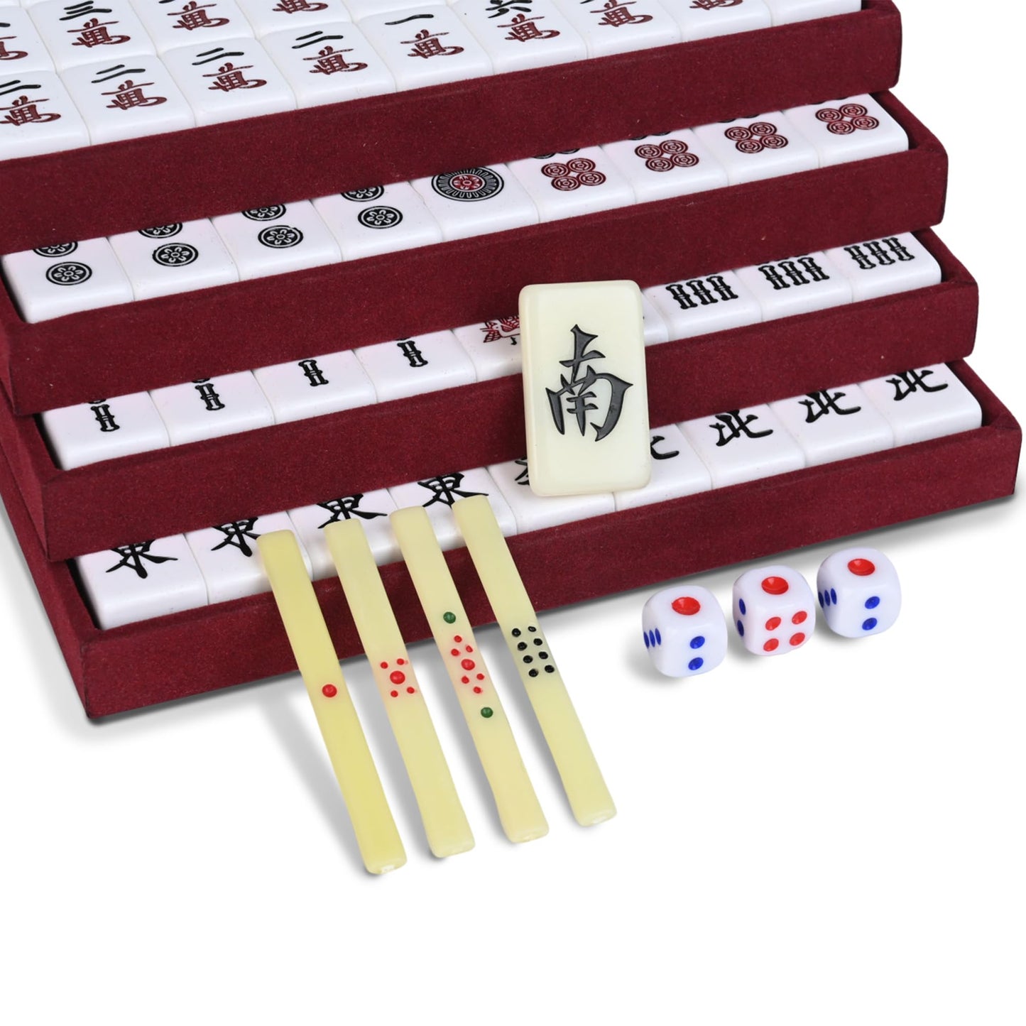 QYMZKA Riichi Mahjong Set with Wooden Case – 27mm Acrylic Tiles, Dice, Scoring Sticks & Mat