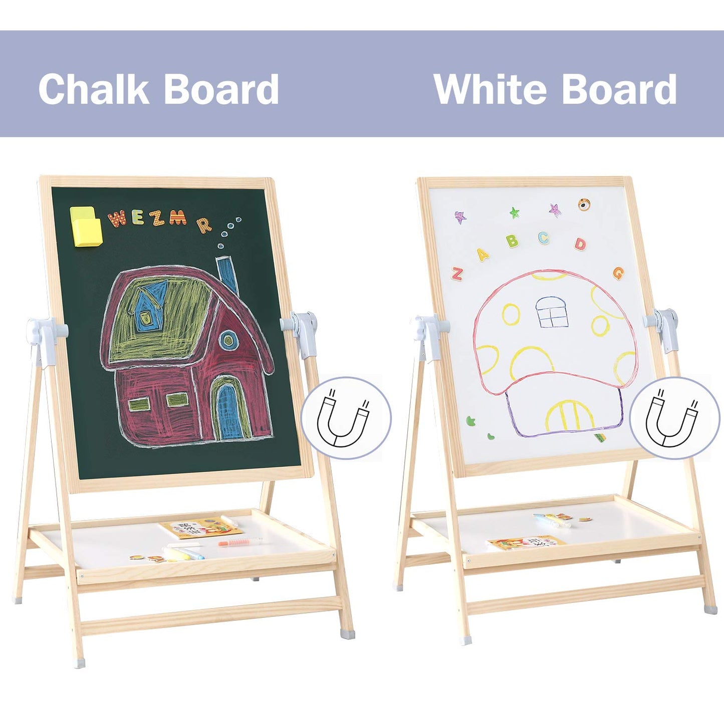 QZMTOY Kids Art Easel — Deluxe Standing Easel Set, Adjustable 23.6-39.4 in, Double-Sided Whiteboard & Chalkboard, 360° Rotating