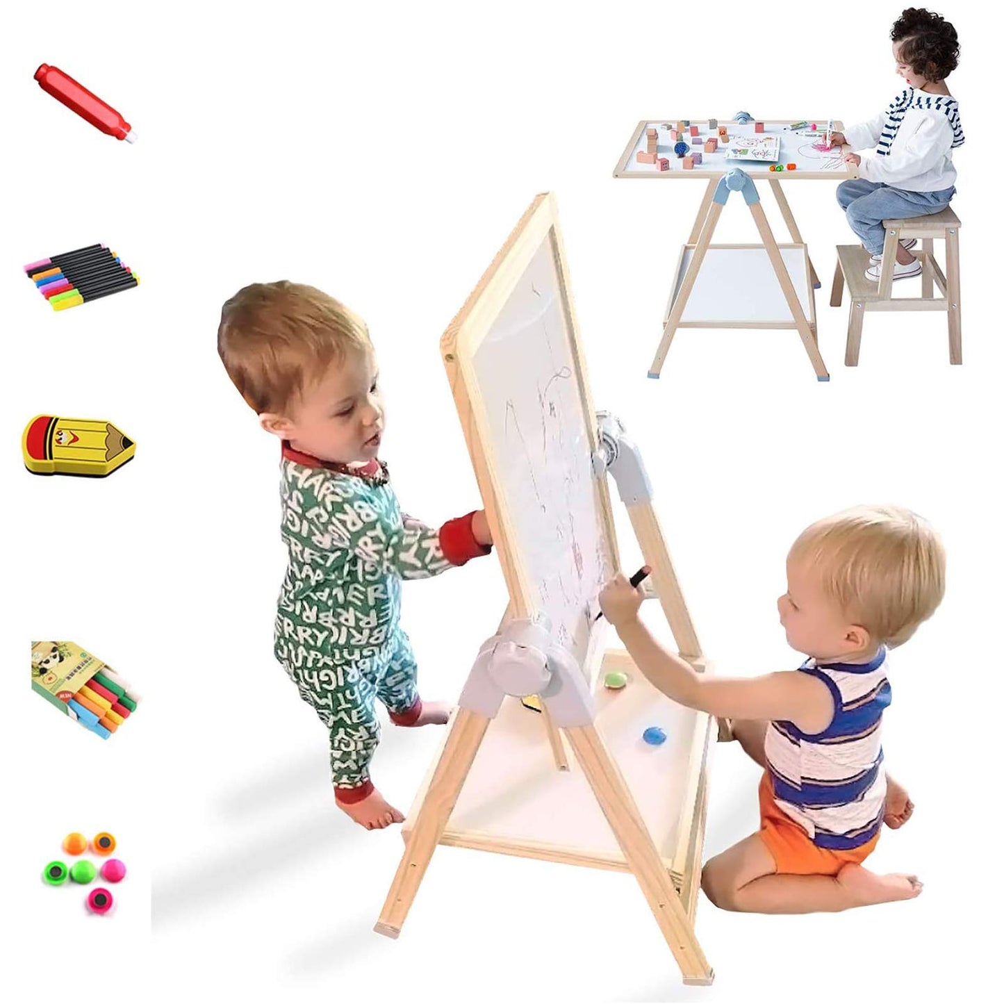 QZMTOY Kids Art Easel — Deluxe Standing Easel Set, Adjustable 23.6-39.4 in, Double-Sided Whiteboard & Chalkboard, 360° Rotating