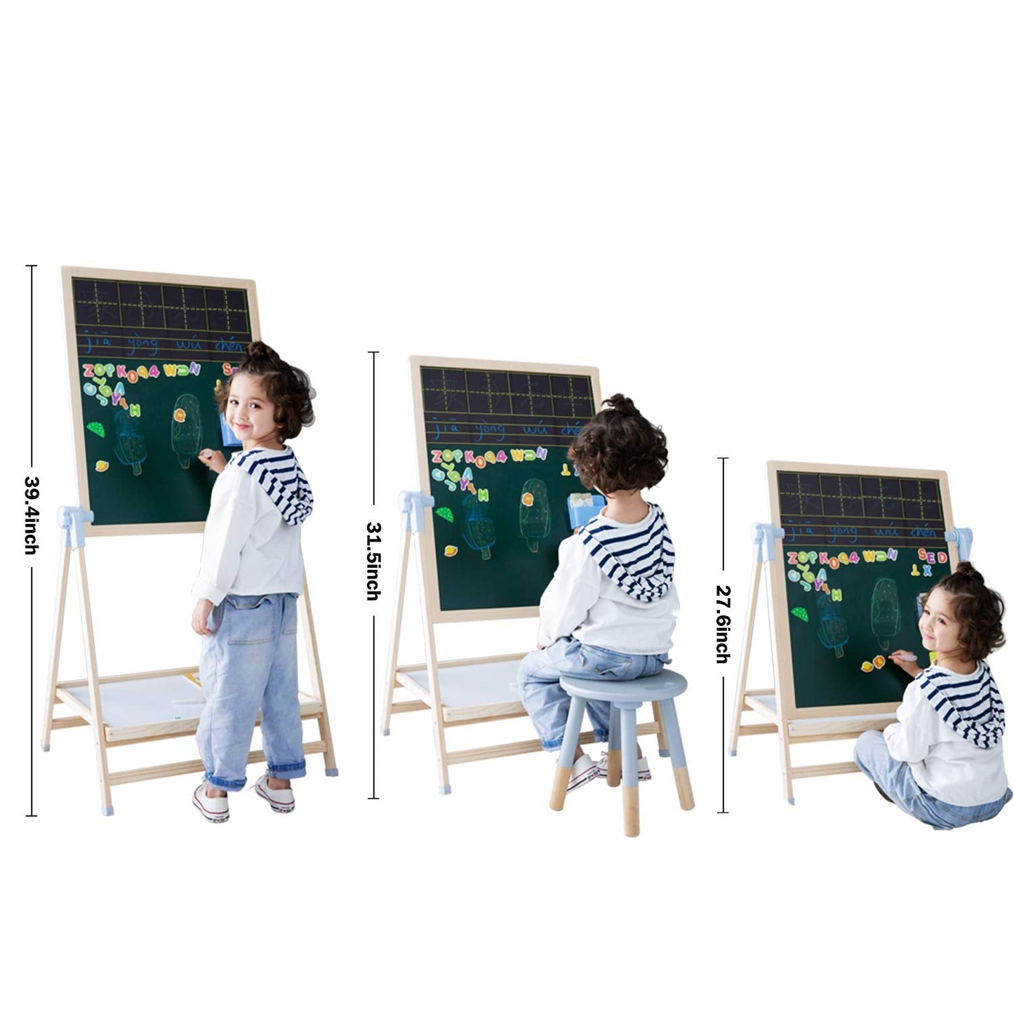 QZMTOY Kids Art Easel — Deluxe Standing Easel Set, Adjustable 23.6-39.4 in, Double-Sided Whiteboard & Chalkboard, 360° Rotating