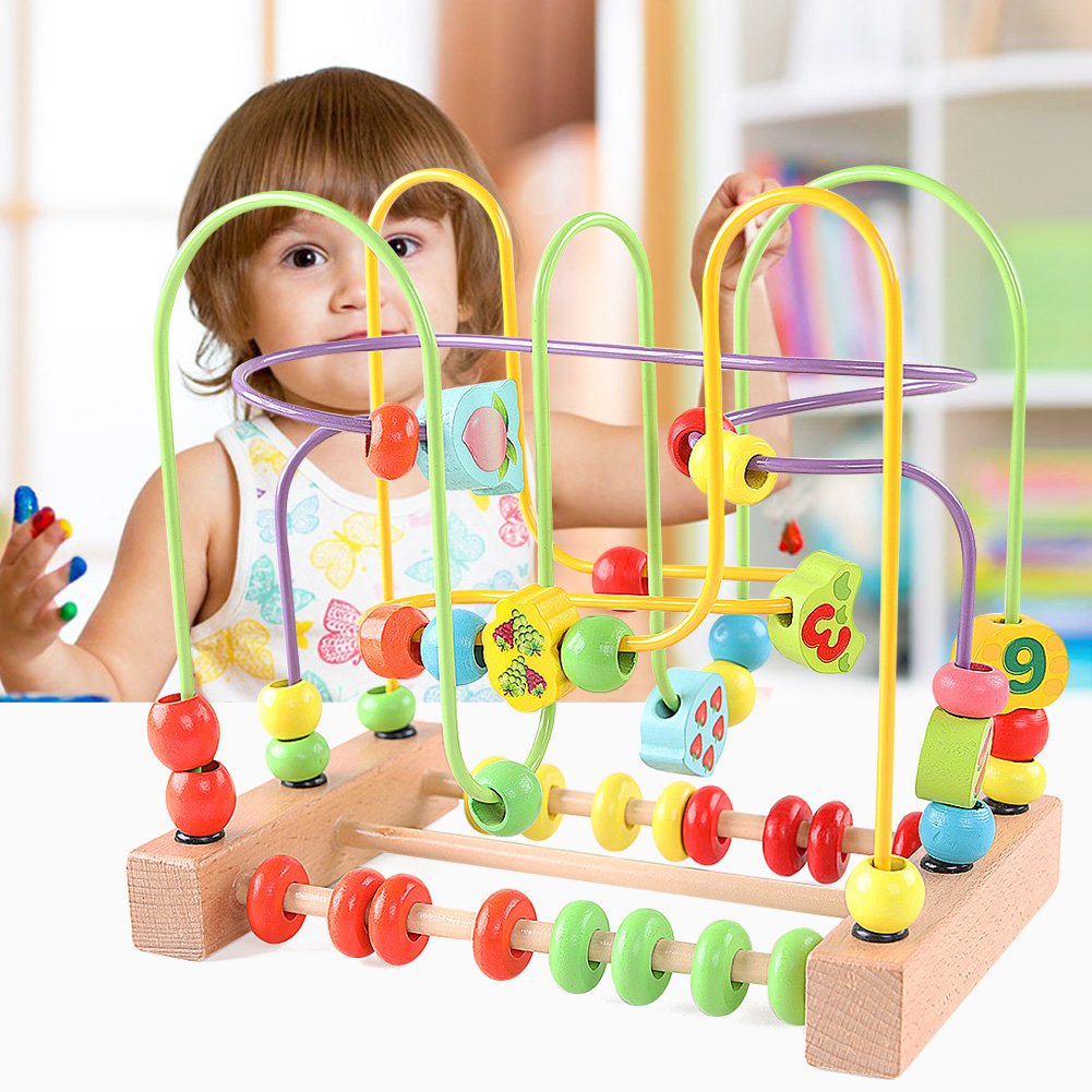 QZMTOY Wooden Bead Maze Toy for Toddlers – Educational Shapes, Abacus & Counting