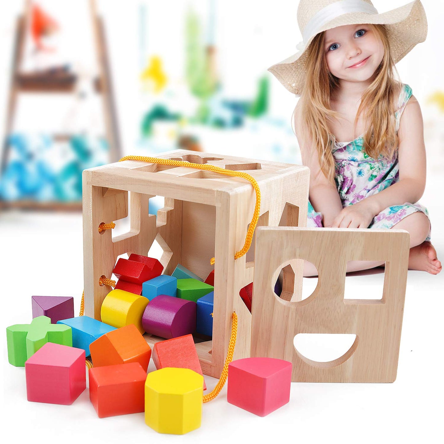QZMTOY Shape Sorter Toys – 19 Wooden Blocks for Toddlers (18m+)