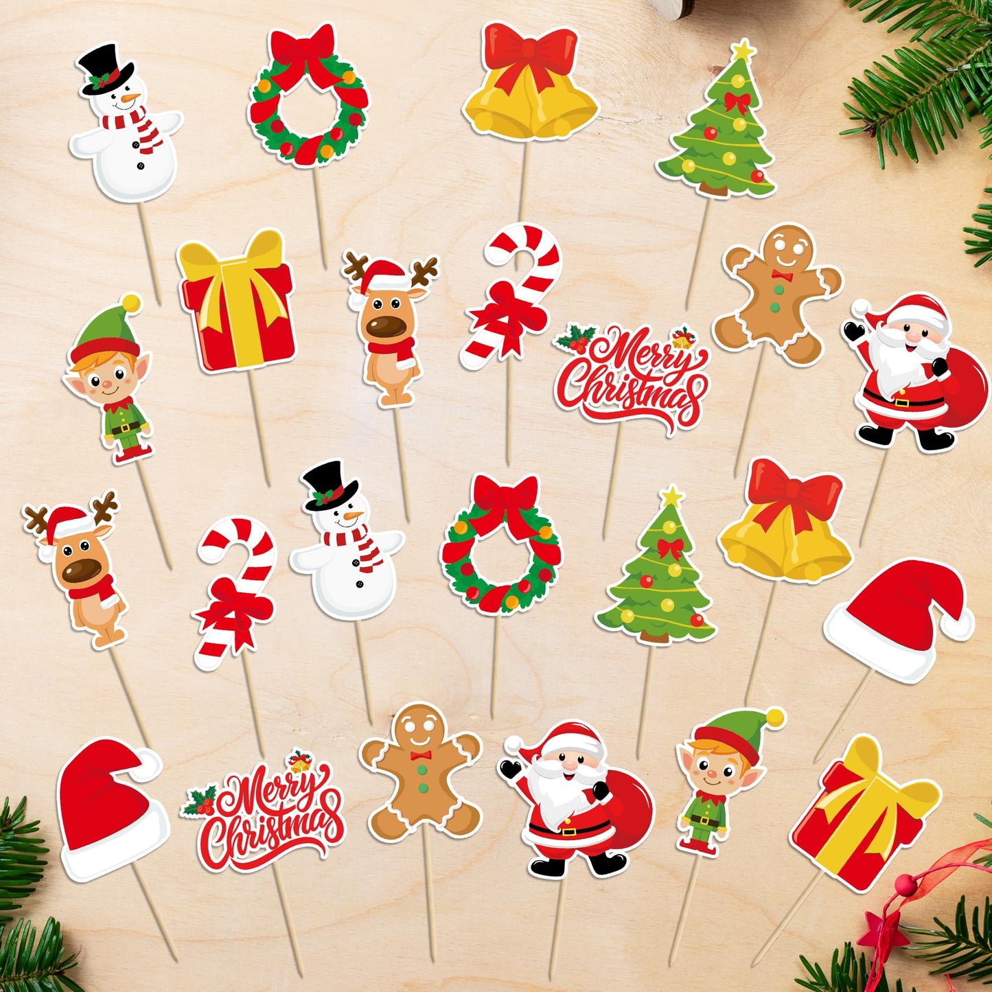 QZYL 24 Pcs Christmas Cupcake Toppers – Santa, Snowman, Bells & Gingerbread Cake Picks