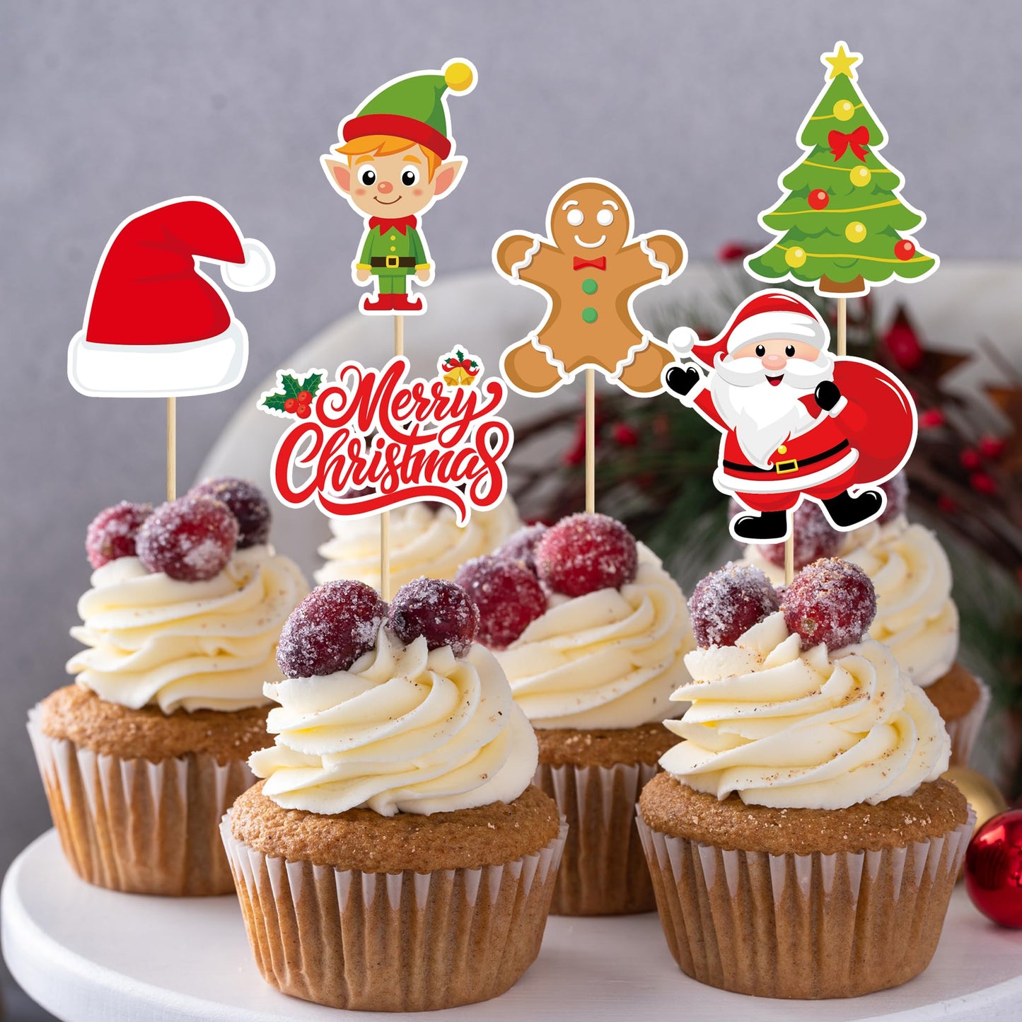 QZYL 24 Pcs Christmas Cupcake Toppers – Santa, Snowman, Bells & Gingerbread Cake Picks