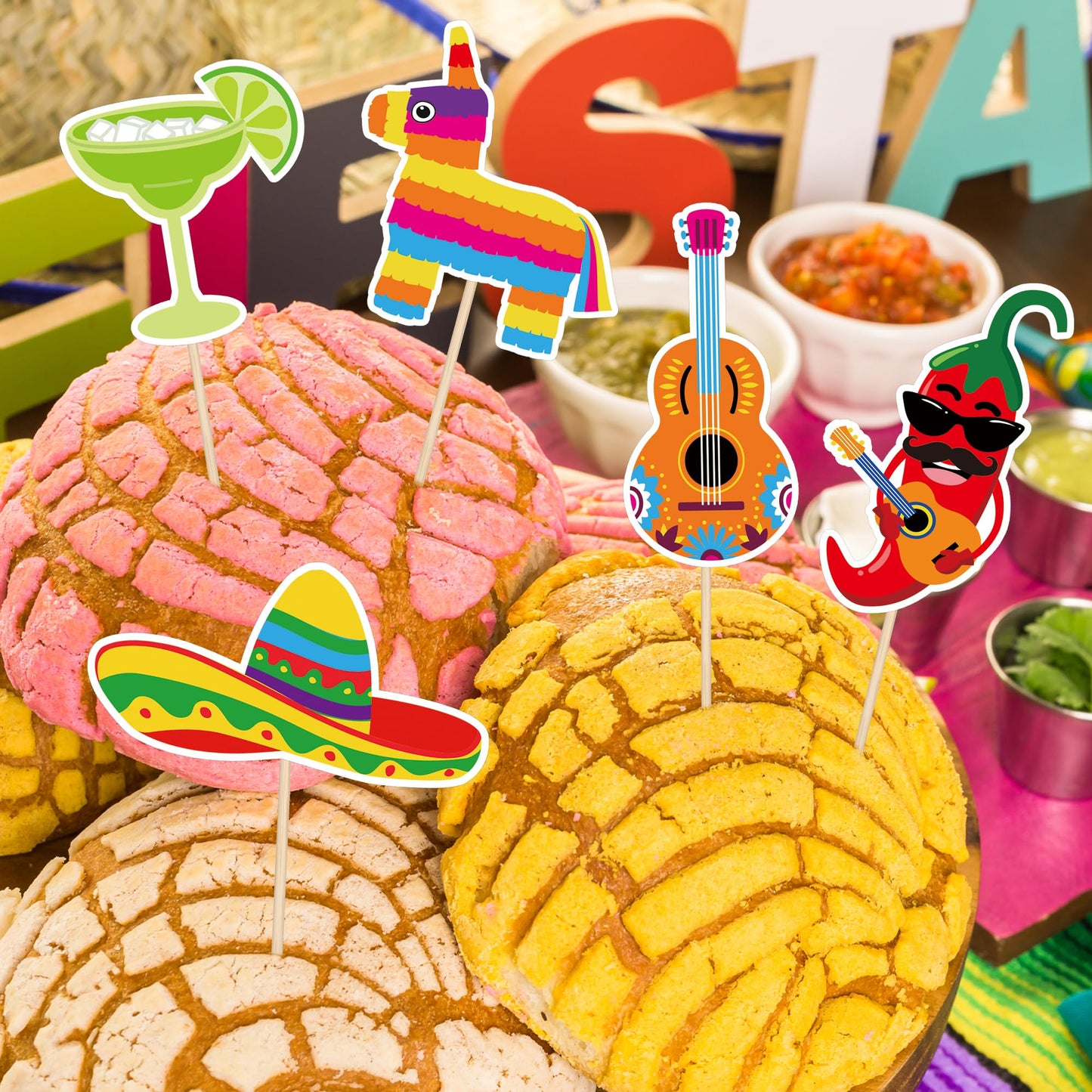 QZYL 24 Pcs Cinco de Mayo Decorations – 12 Fiesta Cake Topper Styles for Cupcakes & Treats