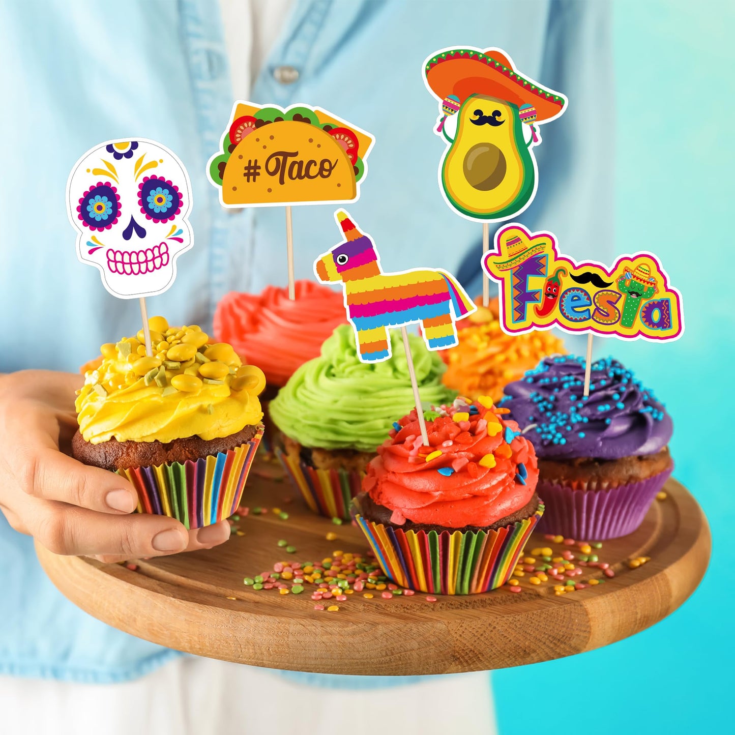 QZYL 24 Pcs Cinco de Mayo Decorations – 12 Fiesta Cake Topper Styles for Cupcakes & Treats