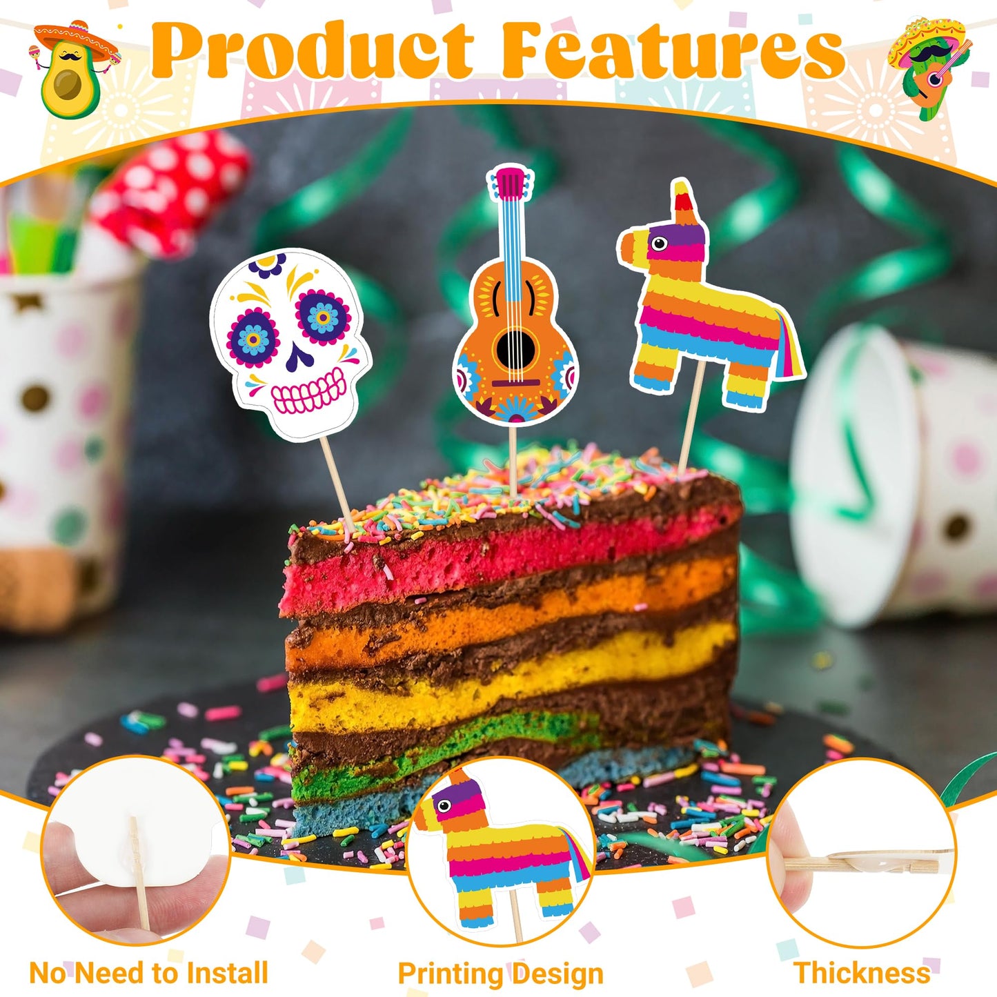QZYL 24 Pcs Cinco de Mayo Decorations – 12 Fiesta Cake Topper Styles for Cupcakes & Treats