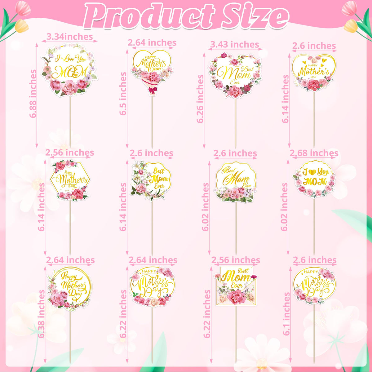 QZYL 12Pcs Happy Mother's Day Cupcake Toppers – Gold Floral Cake Picks for Mom