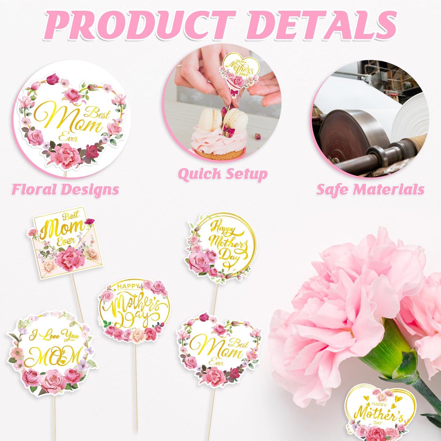 QZYL 24 Pcs Gold Foil Mother's Day Cake Toppers – 12 Styles for Cakes, Cupcakes & Floral Decor