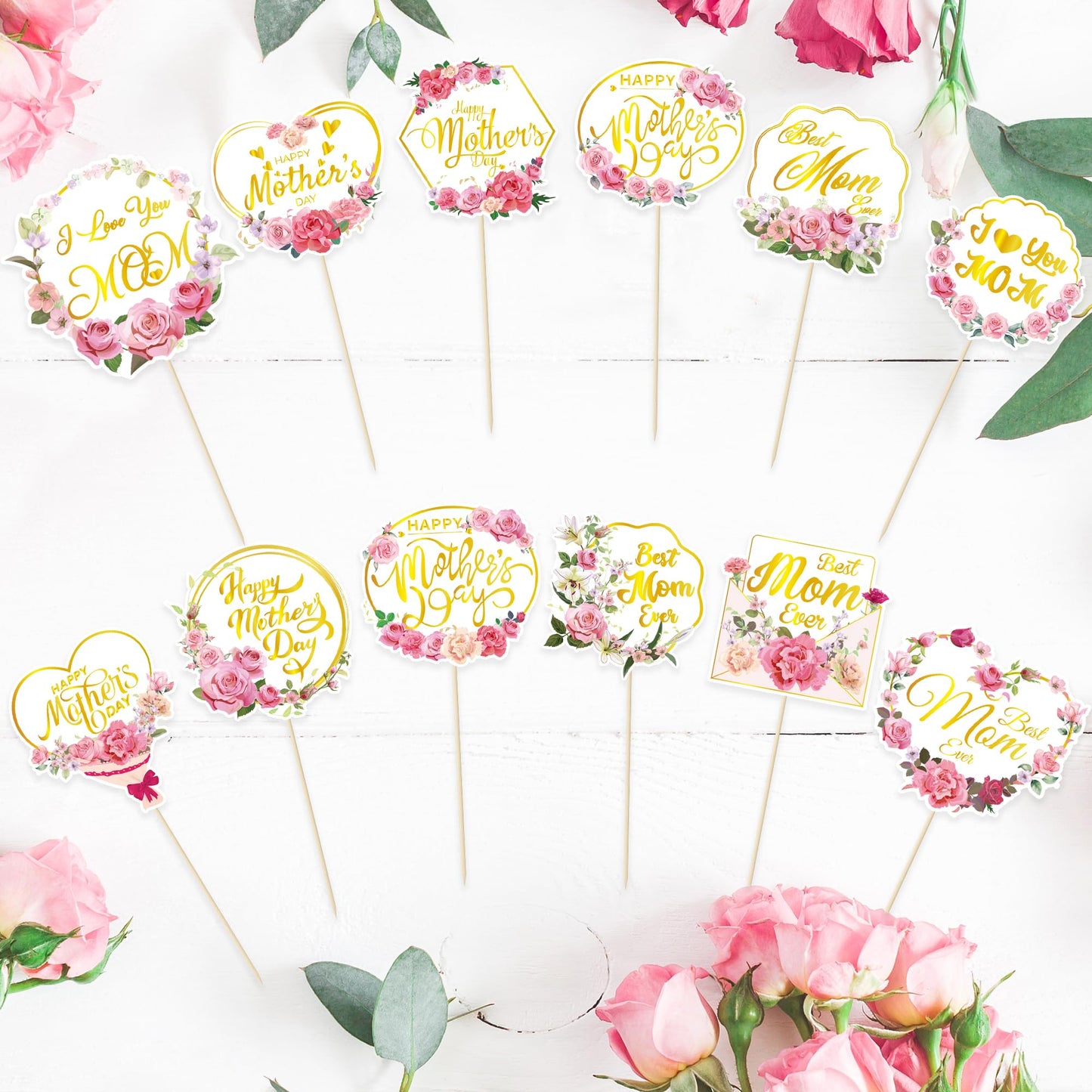 QZYL 24 Pcs Gold Foil Mother's Day Cake Toppers – 12 Styles for Cakes, Cupcakes & Floral Decor