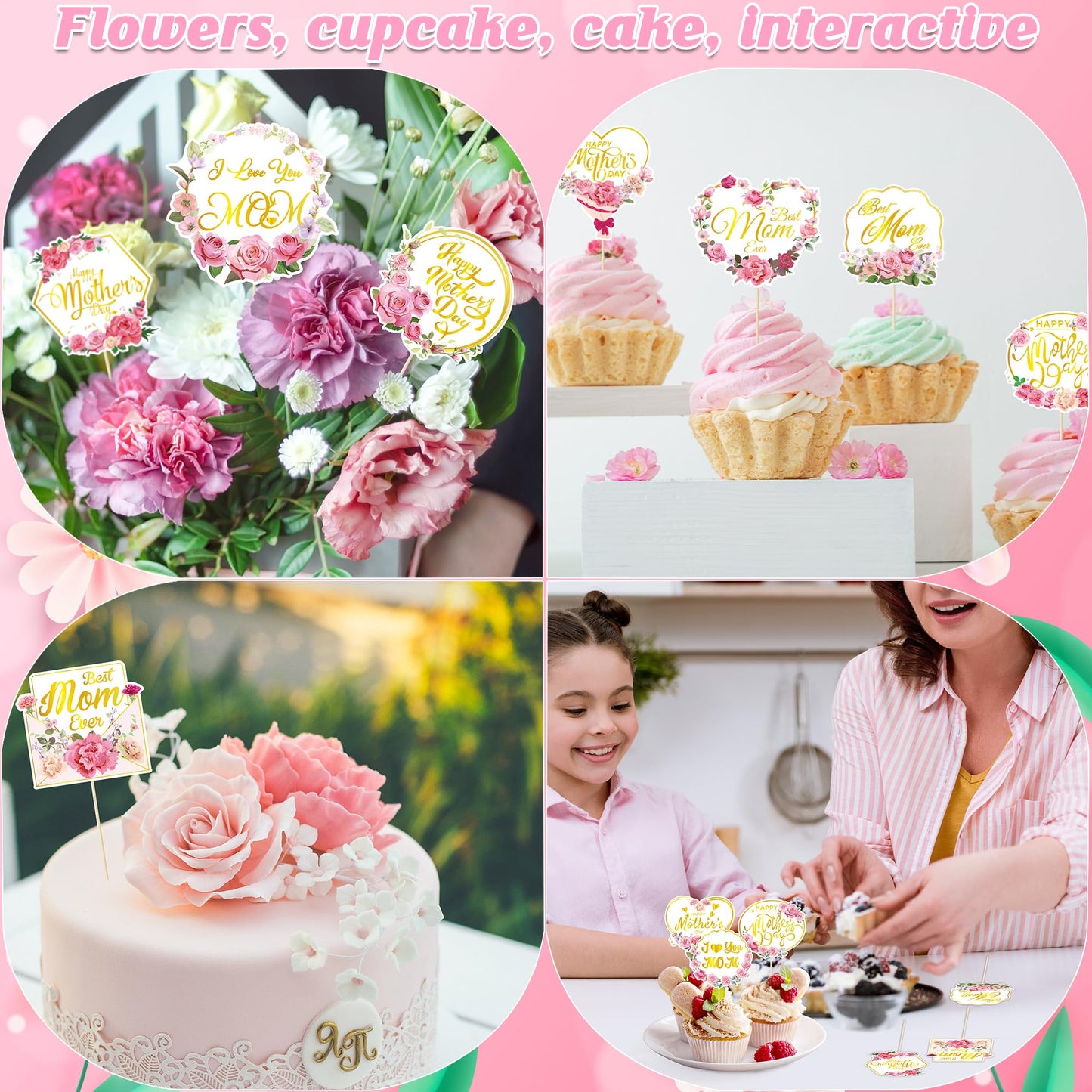 QZYL 24 Pcs Gold Foil Mother's Day Cake Toppers – 12 Styles for Cakes, Cupcakes & Floral Decor