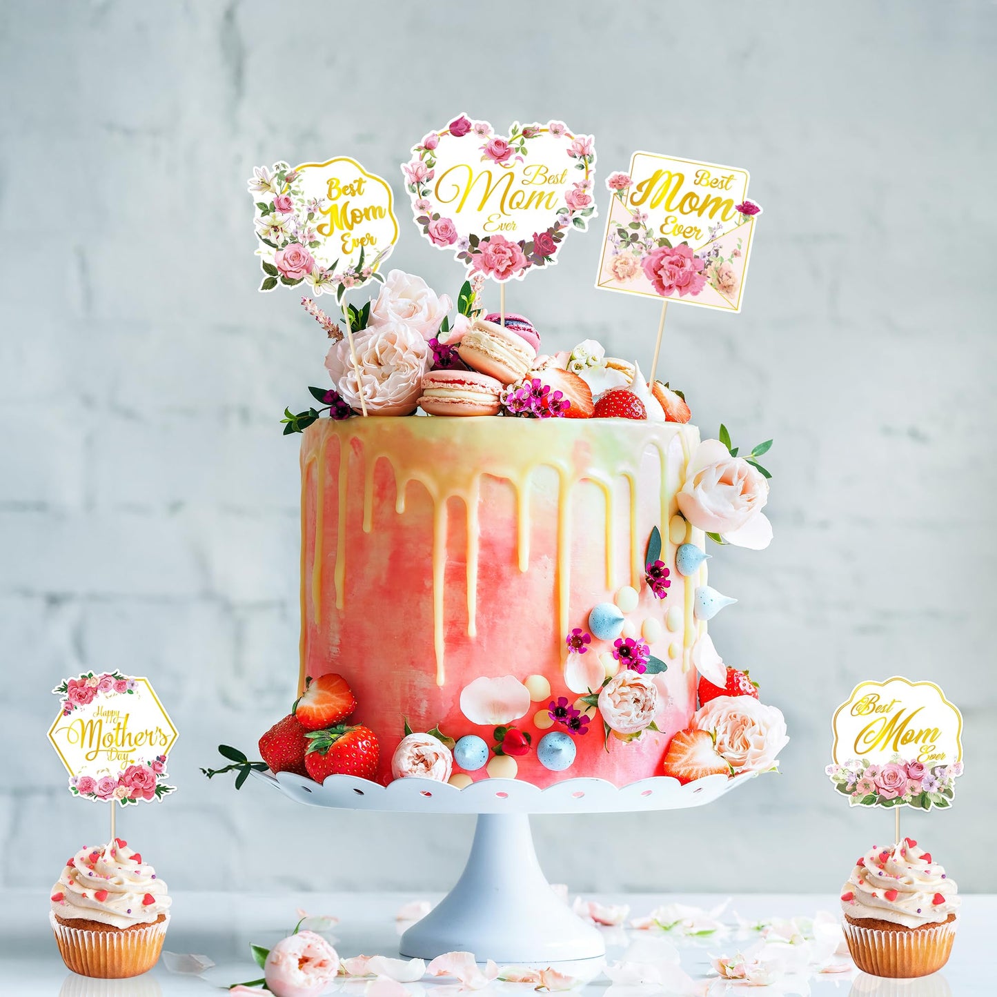 QZYL 24 Pcs Gold Foil Mother's Day Cake Toppers – 12 Styles for Cakes, Cupcakes & Floral Decor
