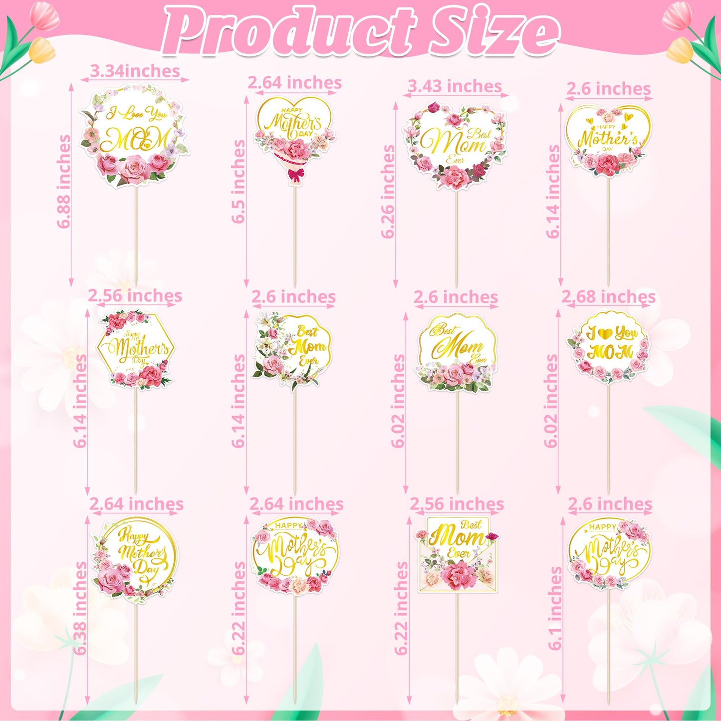 QZYL 24 Pcs Gold Foil Mother's Day Cake Toppers – 12 Styles for Cakes, Cupcakes & Floral Decor