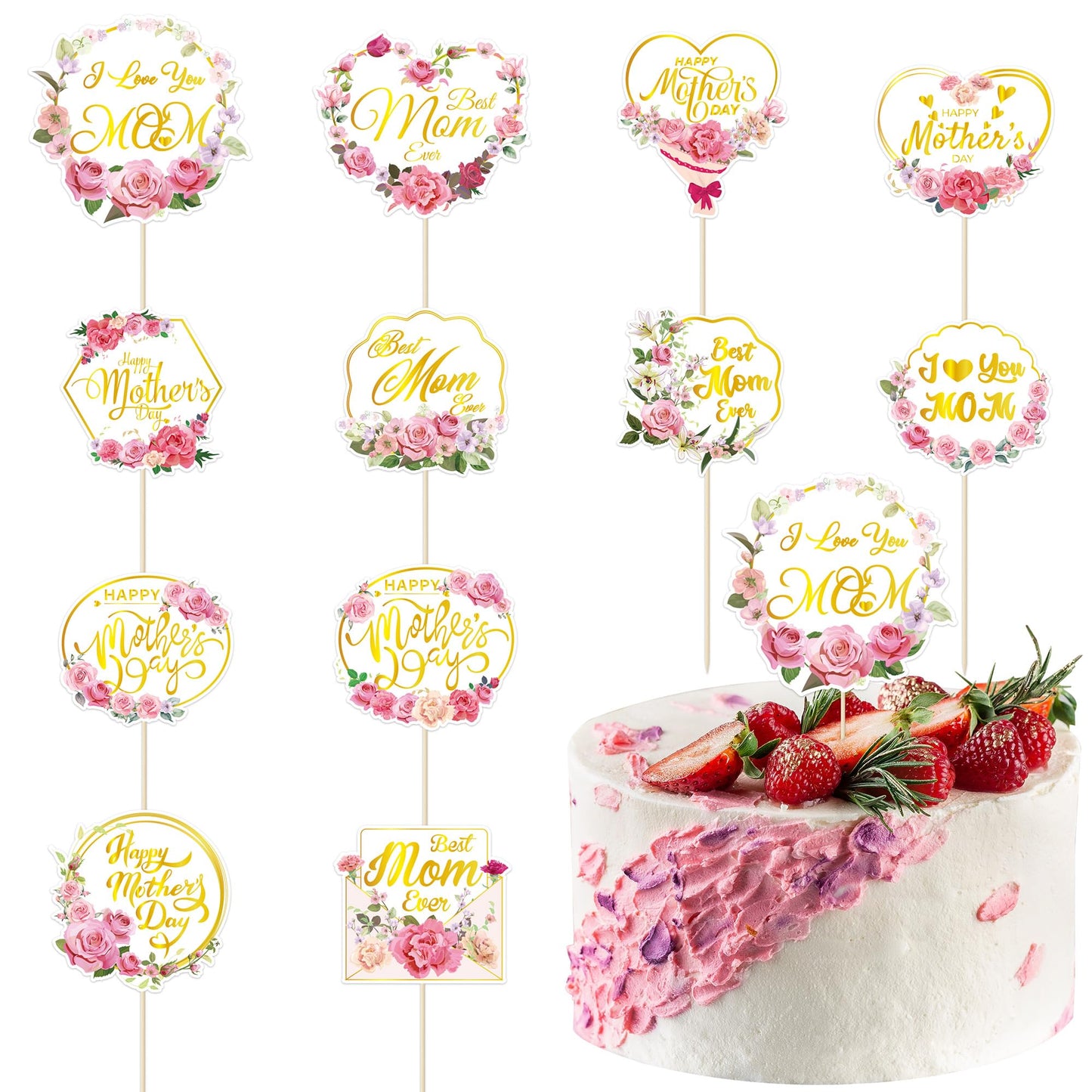 QZYL 24 Pcs Gold Foil Mother's Day Cake Toppers – 12 Styles for Cakes, Cupcakes & Floral Decor