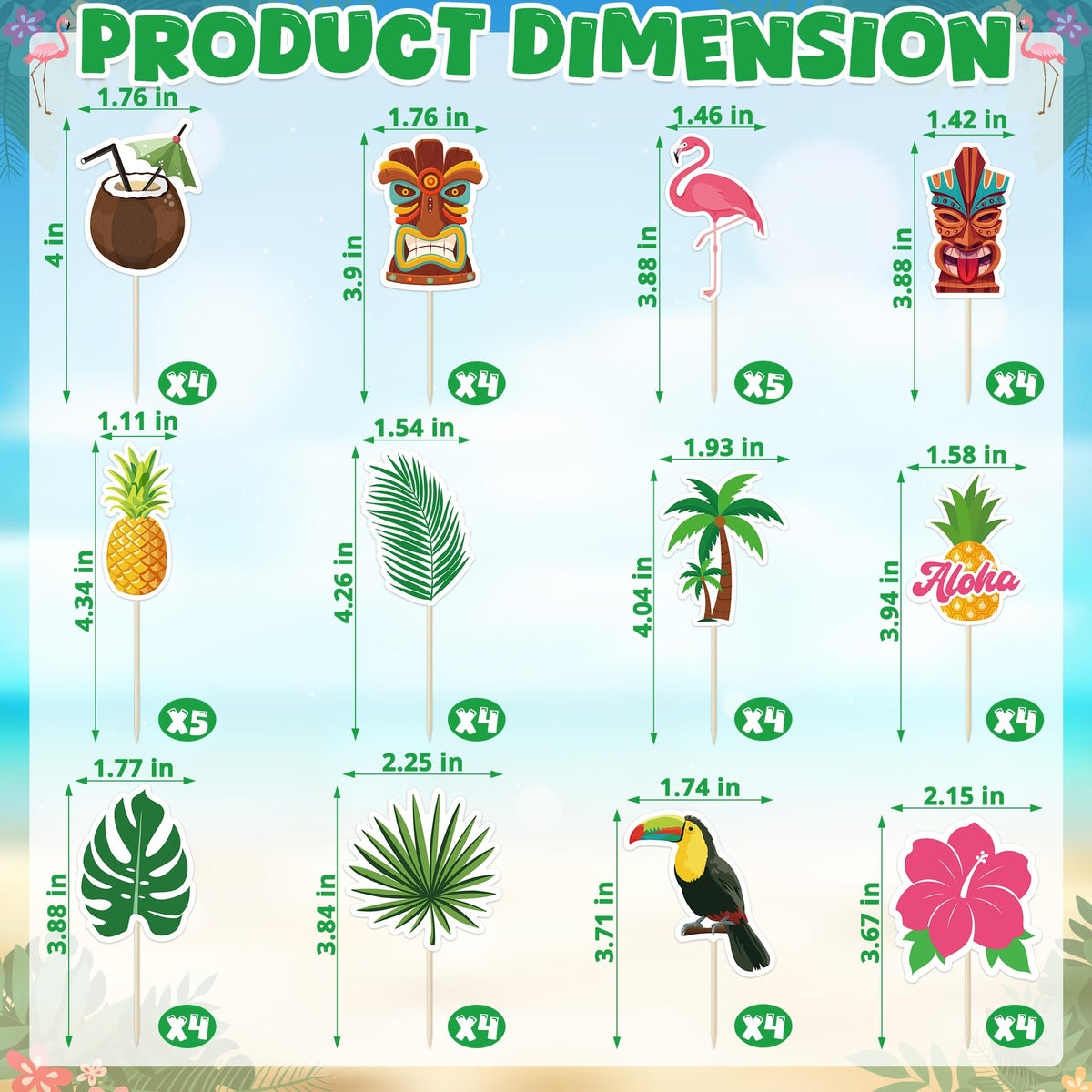 QZYL 50 Pcs Tropical Cake Picks – Luau Flamingo, Pineapple & Palm Leaf Toppers