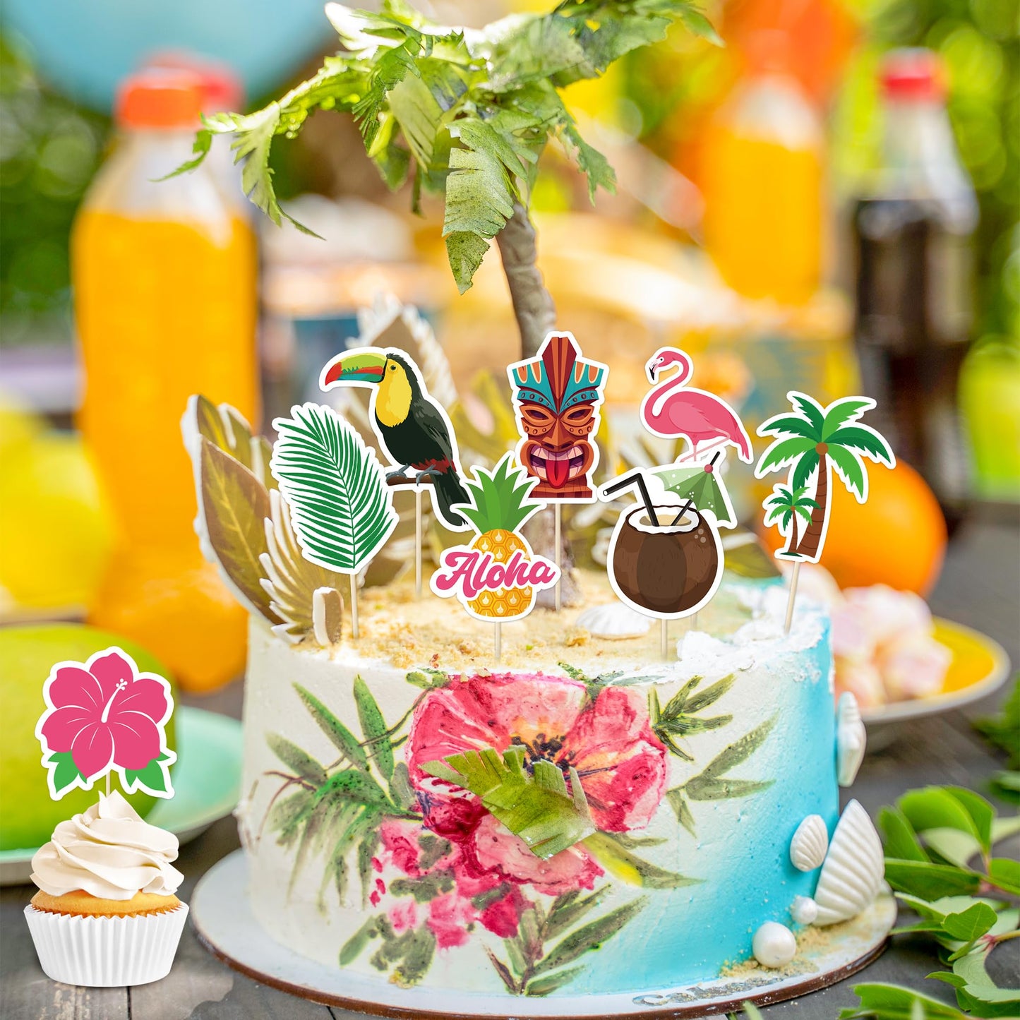 QZYL 50 Pcs Tropical Cake Picks – Luau Flamingo, Pineapple & Palm Leaf Toppers