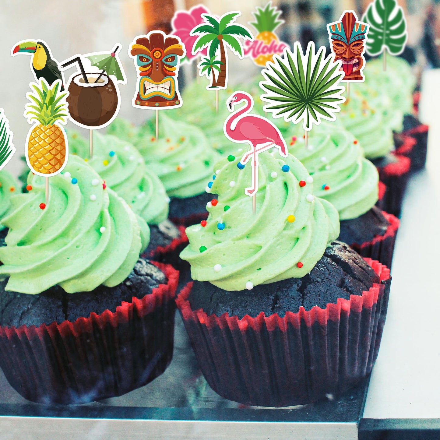 QZYL 50 Pcs Tropical Cake Picks – Luau Flamingo, Pineapple & Palm Leaf Toppers