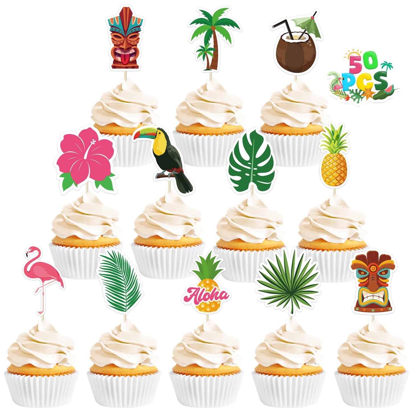 QZYL 50 Pcs Tropical Cake Picks – Luau Flamingo, Pineapple & Palm Leaf Toppers