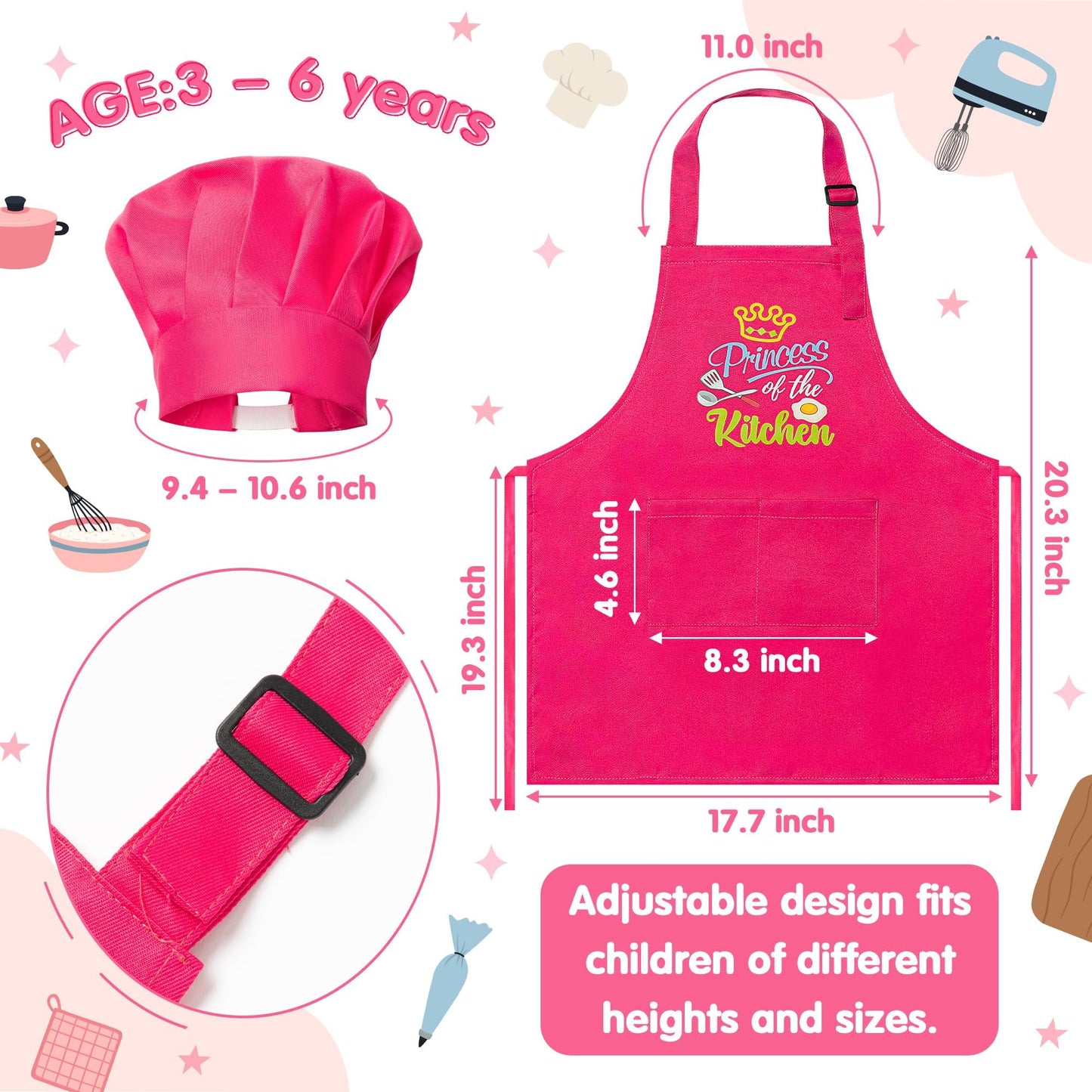 R HORSE 2 Pcs Kid Apron & Chef Hat Set – Rose Red, Adjustable & Waterproof