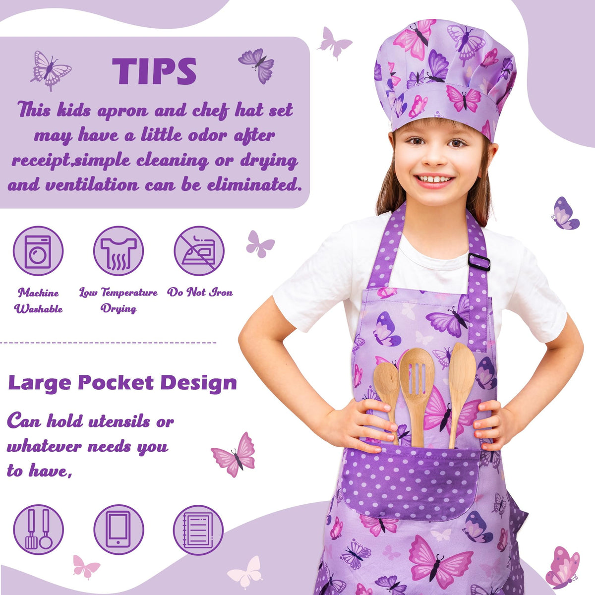 R HORSE Kid Apron & Chef Hat Set | Purple Butterfly, Adjustable, 3-6 yrs | Machine Washable