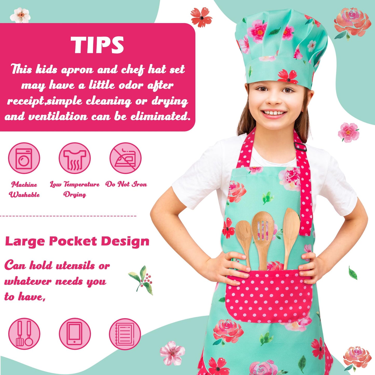 R HORSE Kid Apron and Chef Hat Set – Green Floral Toddler Kitchen Wear (Ages 3-6)