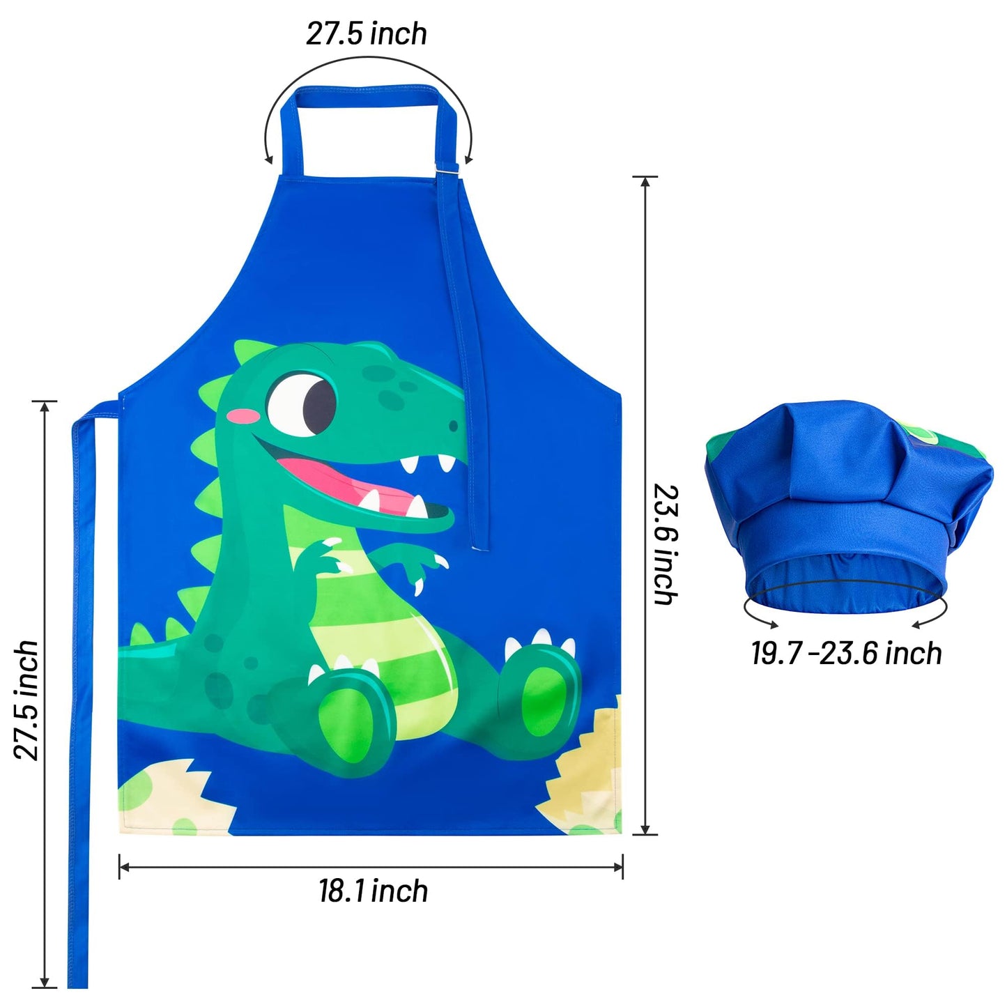 R HORSE 2 Pcs Kids Aprons & Adjustable Chef Hat Set – Blue Dinosaur Dress-Up Kit for Cooking & Art