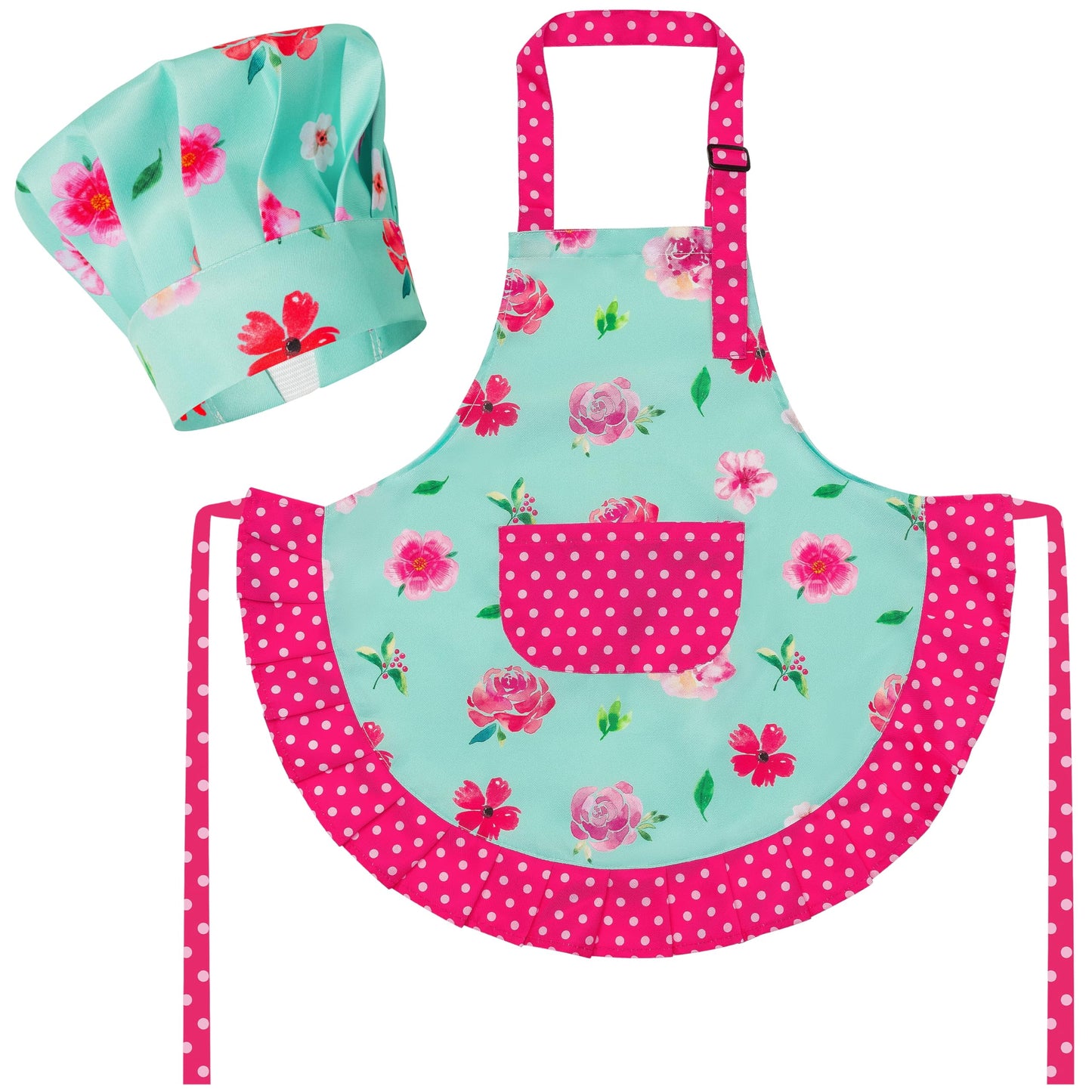 R HORSE Kid Apron and Chef Hat Set – Green Floral Toddler Kitchen Wear (Ages 3-6)