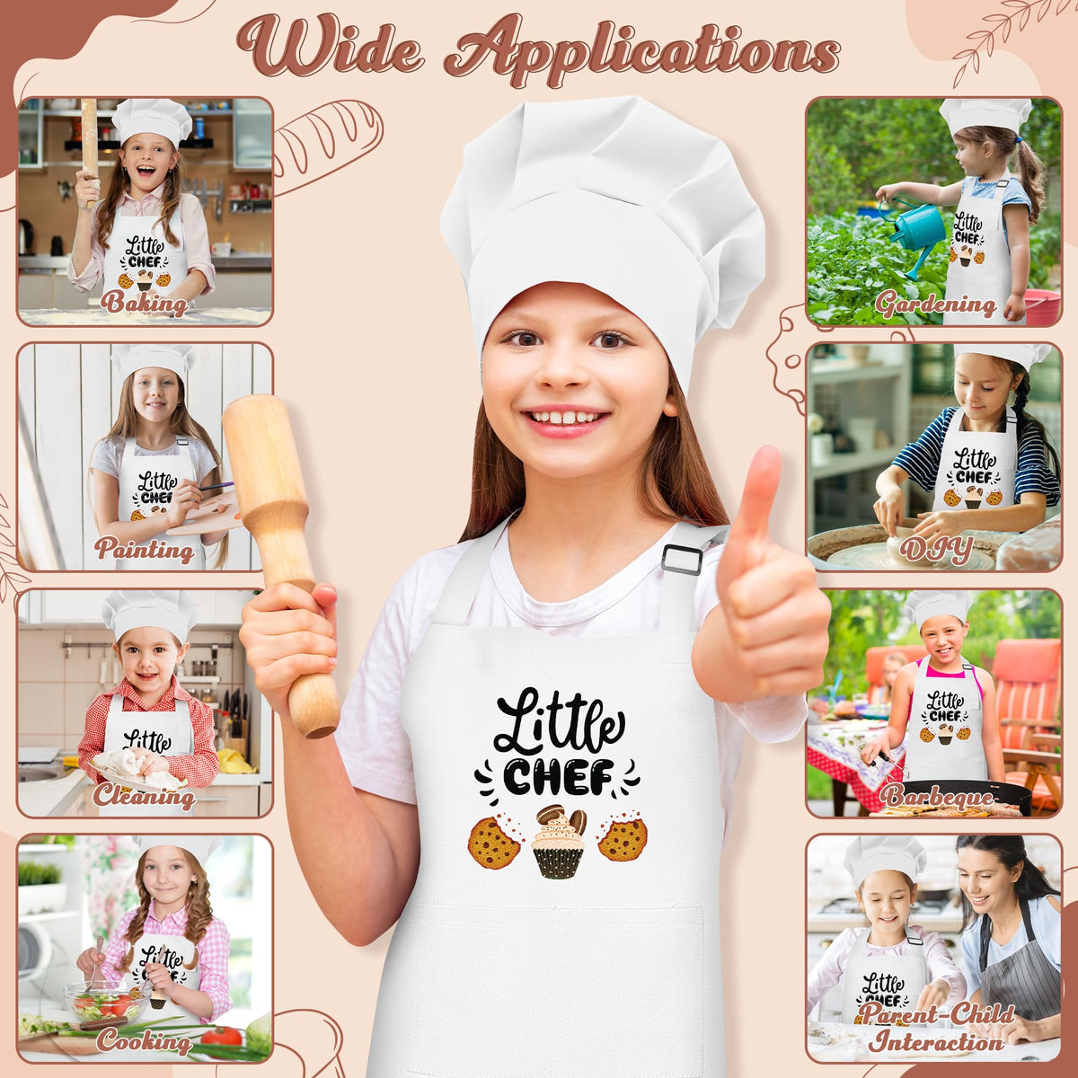 R HORSE Kid Apron & Chef Hat Set – Adjustable 2-Piece White Kitchen Wear for Kids