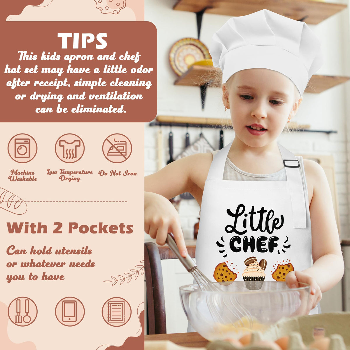 R HORSE Kid Apron & Chef Hat Set – Adjustable 2-Piece White Kitchen Wear for Kids