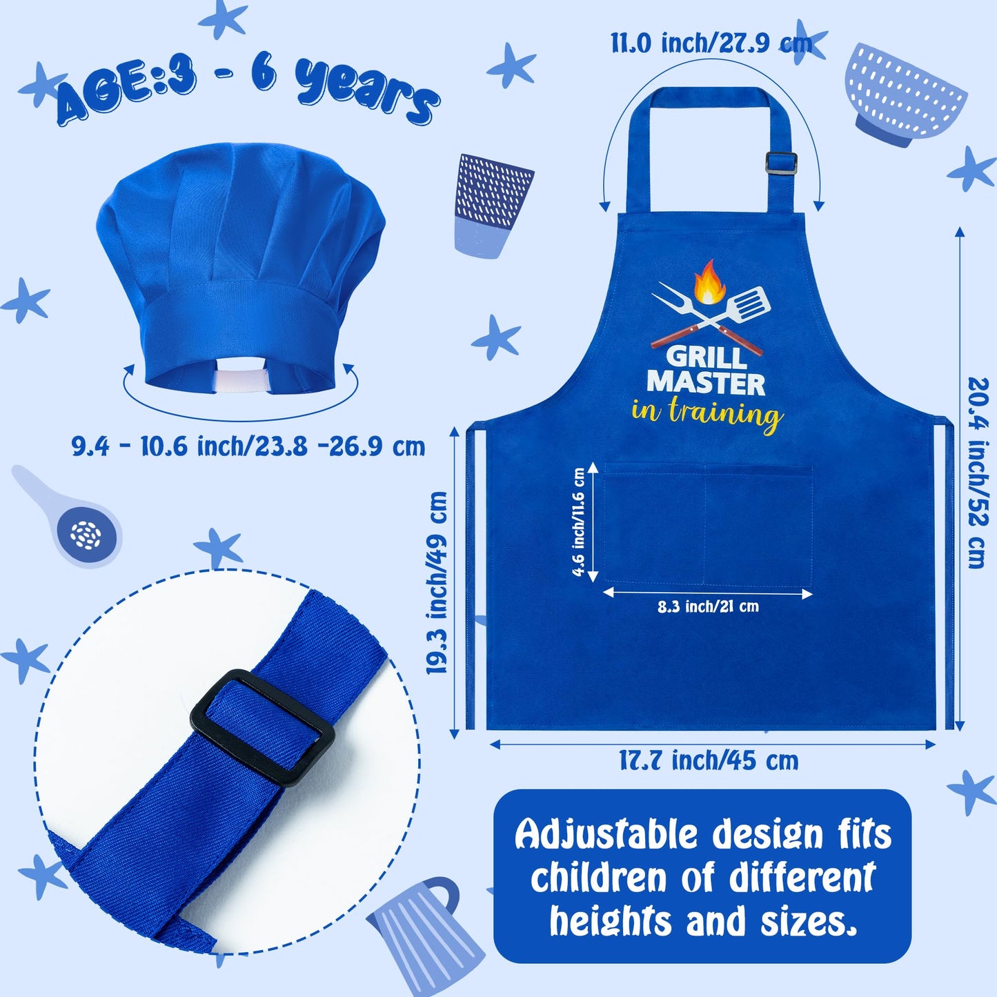 R HORSE Kid Apron and Chef Hat Set — Adjustable Dark Blue Kitchen Dress-Up for Kids