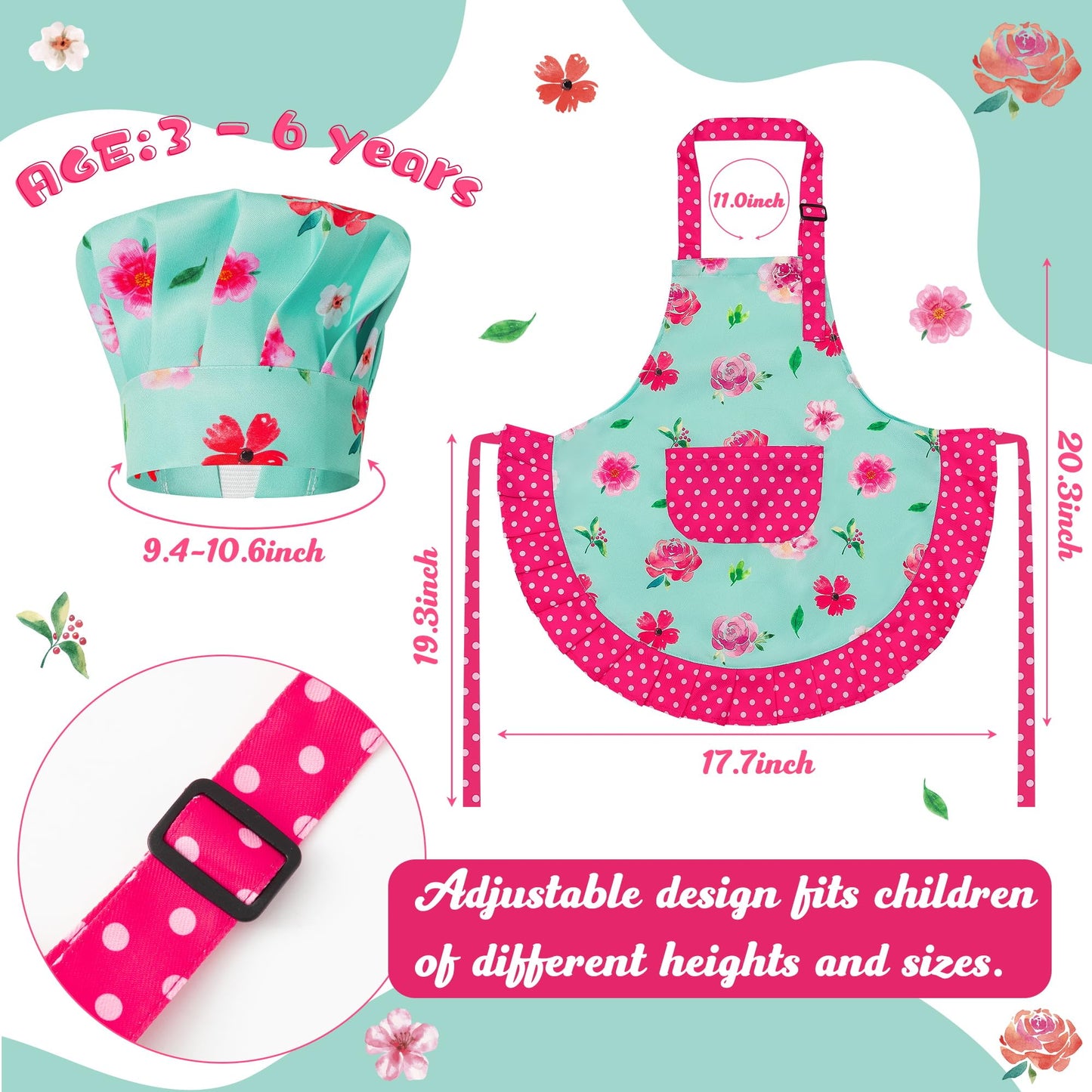 R HORSE Kid Apron and Chef Hat Set – Green Floral Toddler Kitchen Wear (Ages 3-6)