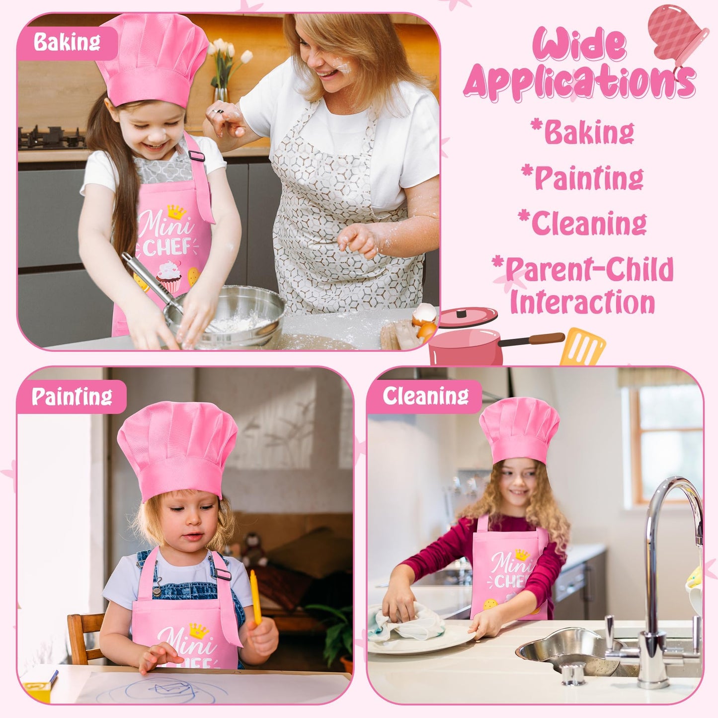 R HORSE Kid Apron and Chef Hat Set — Adjustable Light Pink Kitchen Playset for Kids