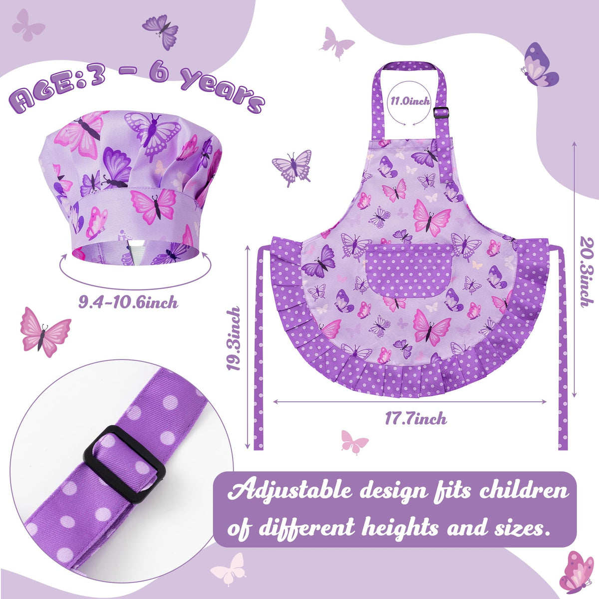 R HORSE Kid Apron & Chef Hat Set | Purple Butterfly, Adjustable, 3-6 yrs | Machine Washable