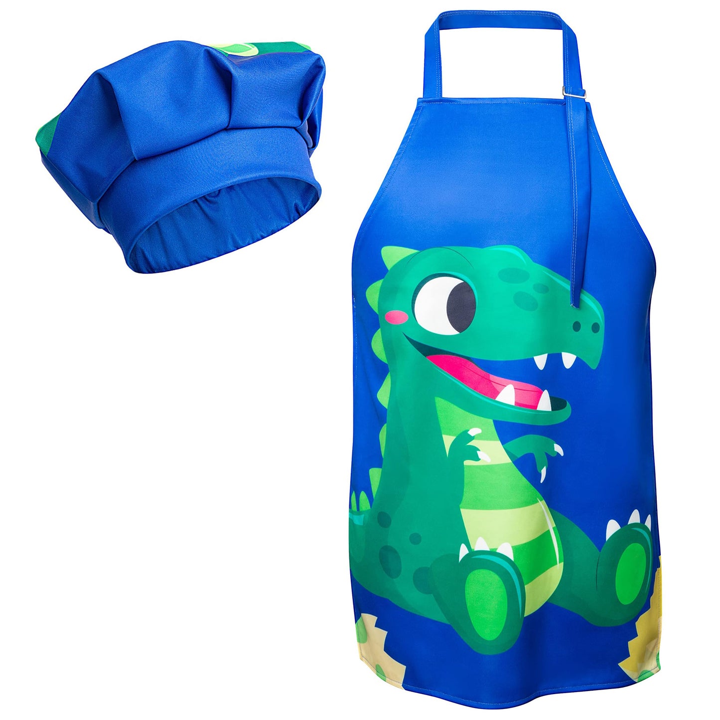 R HORSE 2 Pcs Kids Aprons & Adjustable Chef Hat Set – Blue Dinosaur Dress-Up Kit for Cooking & Art