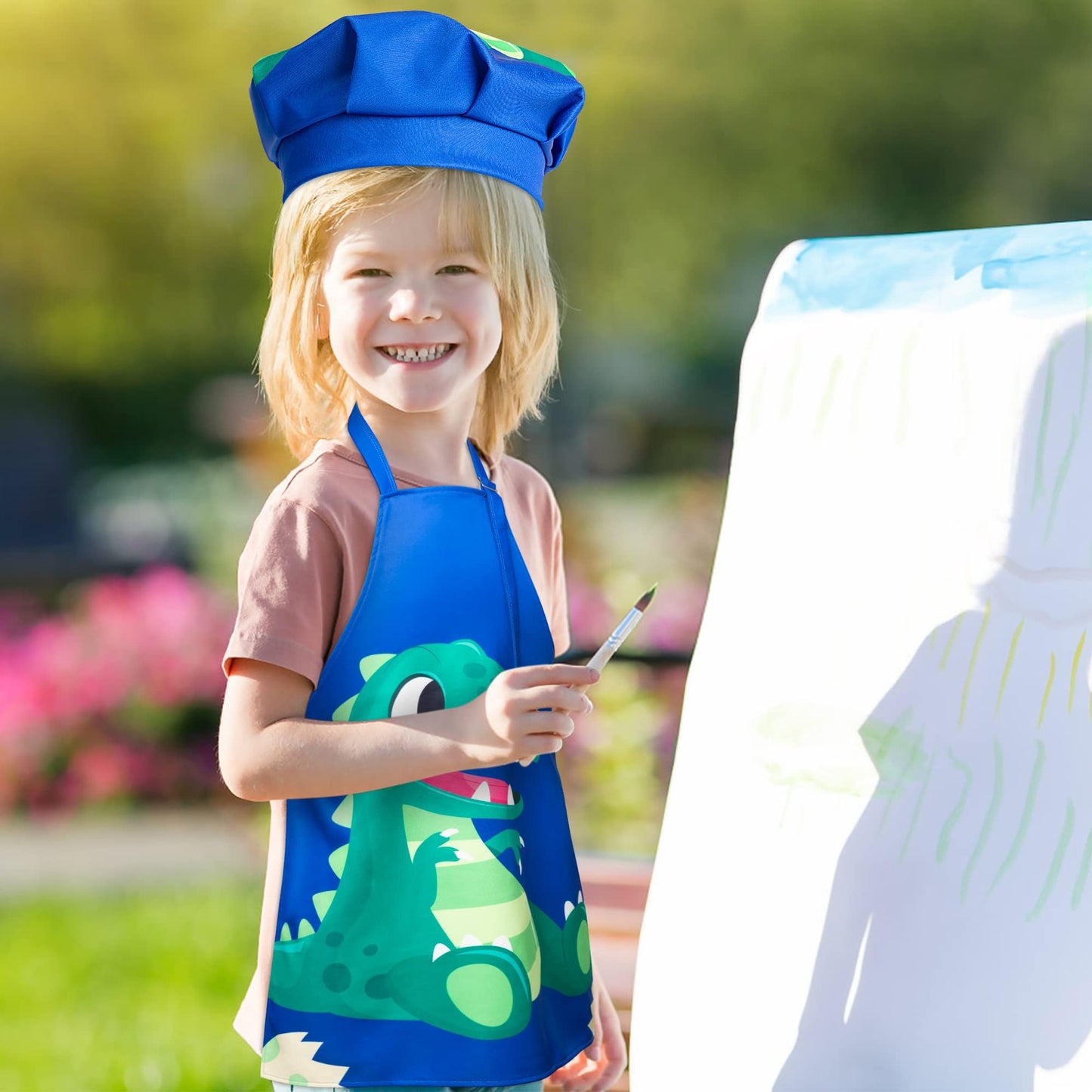 R HORSE 2 Pcs Kids Aprons & Adjustable Chef Hat Set – Blue Dinosaur Dress-Up Kit for Cooking & Art