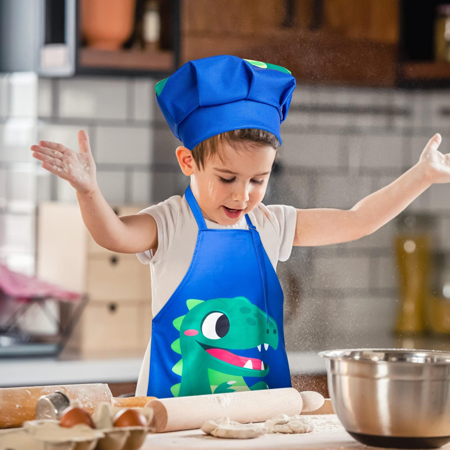 R HORSE 2 Pcs Kids Aprons & Adjustable Chef Hat Set – Blue Dinosaur Dress-Up Kit for Cooking & Art