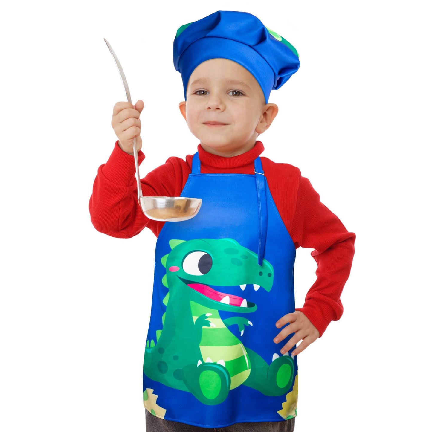 R HORSE 2 Pcs Kids Aprons & Adjustable Chef Hat Set – Blue Dinosaur Dress-Up Kit for Cooking & Art
